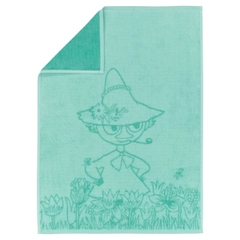 Hand towel 50x70cm Snufkin mint - Enjoy the soft coziness of the Moomin hand towel! As Moomintroll grows a special tail, Snufkin warns him to avoid the limelight as it can be dangerous.