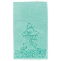 Hand towel 30x50cm Snufkin mint - Enjoy the soft coziness of the Moomin hand towel! As Moomintroll grows a special tail, Snufkin warns him to avoid the limelight as it can be dangerous.