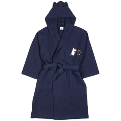 Bathrobe navy blue L/XL - Wrap yourself into the Moomin bathrobe in soft, organic cotton. Adorned with a delightful Moomin illustration on the chest, it's perfect for adding a touch of fun to your cozy m(o)ments.