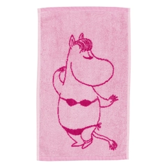 Hand towel 30x50cm Snorkmaiden pink - Enjoy the softness of a pink Moomin hand towel made out of organic cotton, featuring the romantic Snorkmaiden. The product is Global Organic Textile Standard (GOTS) certified.