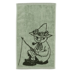 Hand towel 30x50cm Snufkin green - Enjoy the soft coziness of a green Moomin hand towel made out of organic cotton, featuring the harmonica-playing wayfarer ... The product is Global Organic Textile Standard (GOTS) certified.