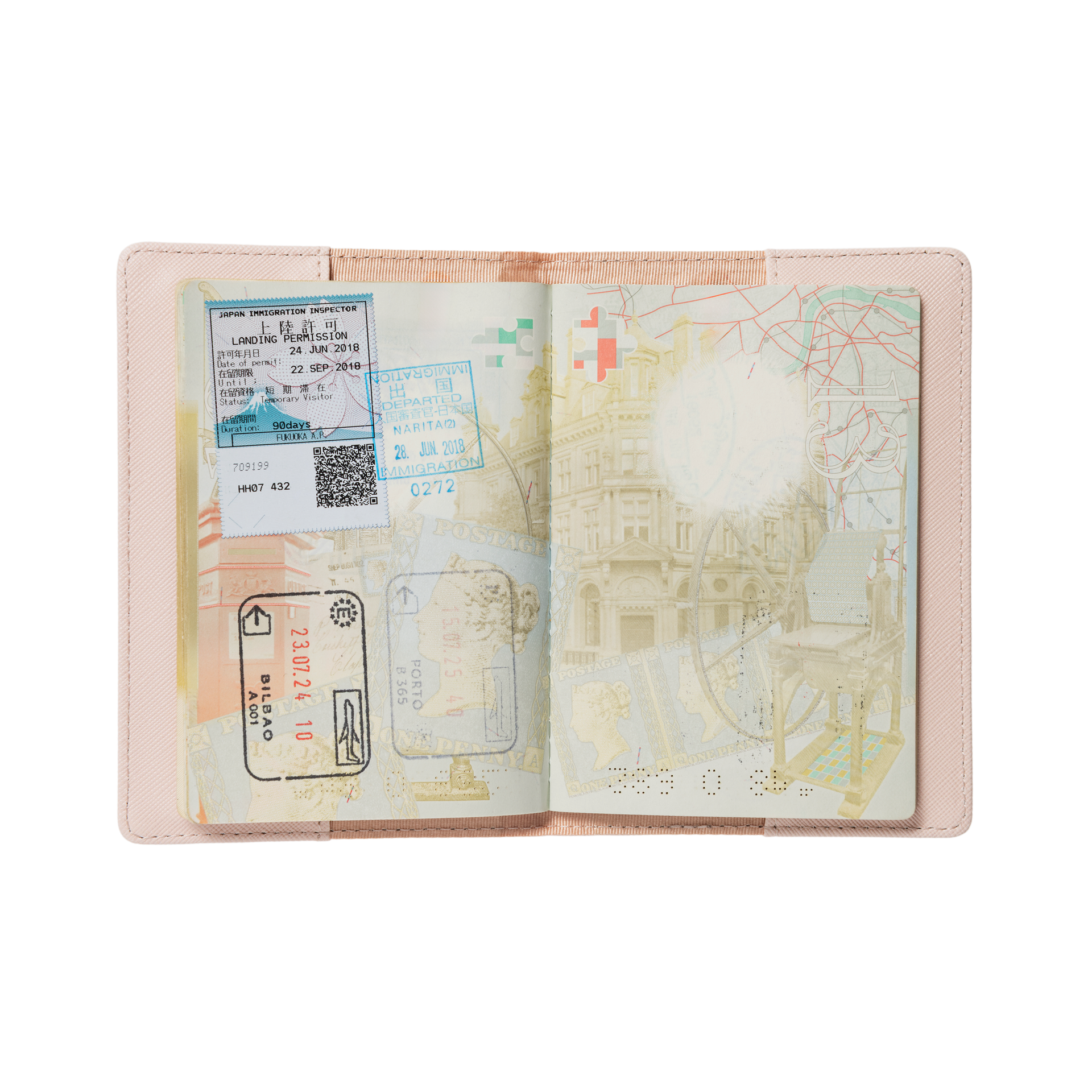 Mummi passetui Ferieklar - Holiday Rush passport holder with an open passport with travel stamps.