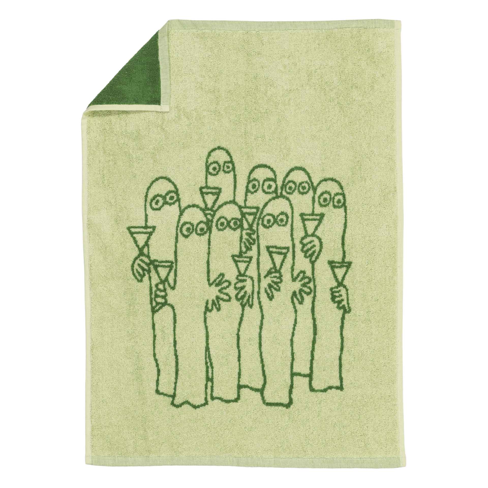 A green hand towel with an illustration of the Hattifatteners.