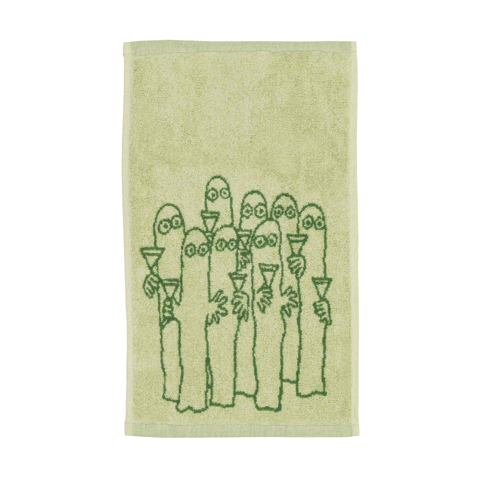 Green towel with an illustration of the Hattifatterners holding cocktal glasses.