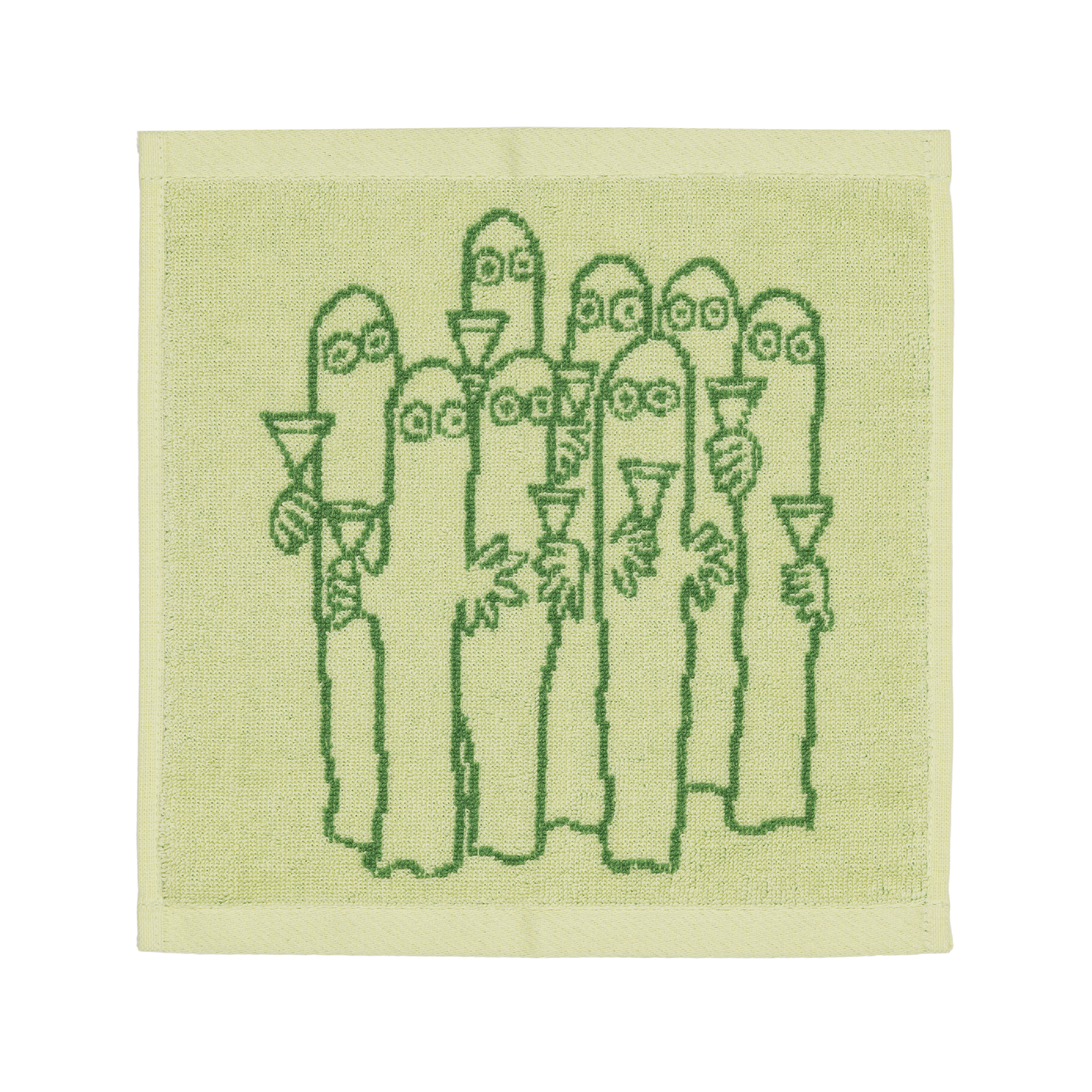 A green mini towel featuring an illustration of the Hattifatteners holding coktail glasses, shown on a plain white background.