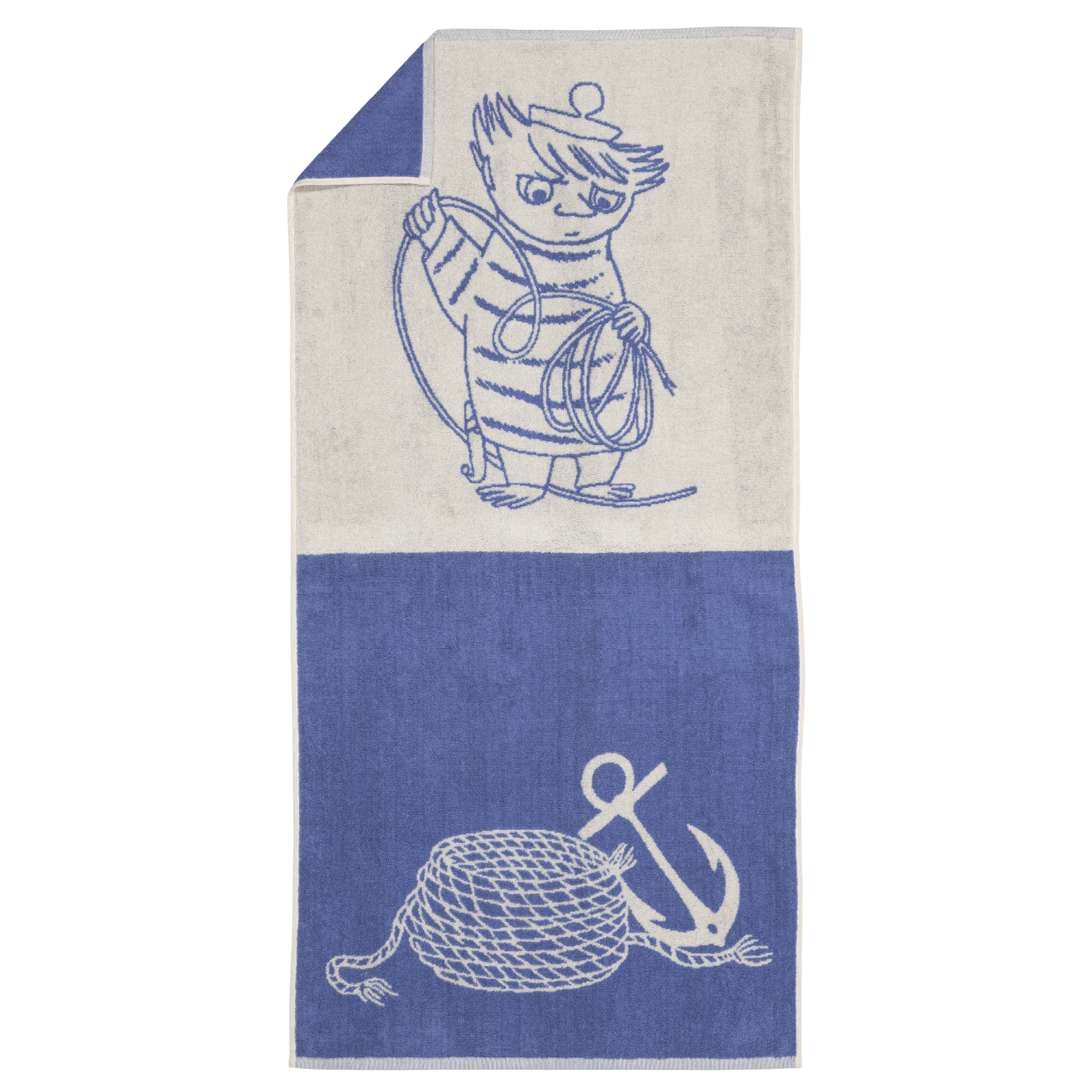 A blue bath towel with a split design: the top half is off-white with an illustration of Too-ticky holding a rope, and the bottom half is blue with a white anchor and rope graphic.
