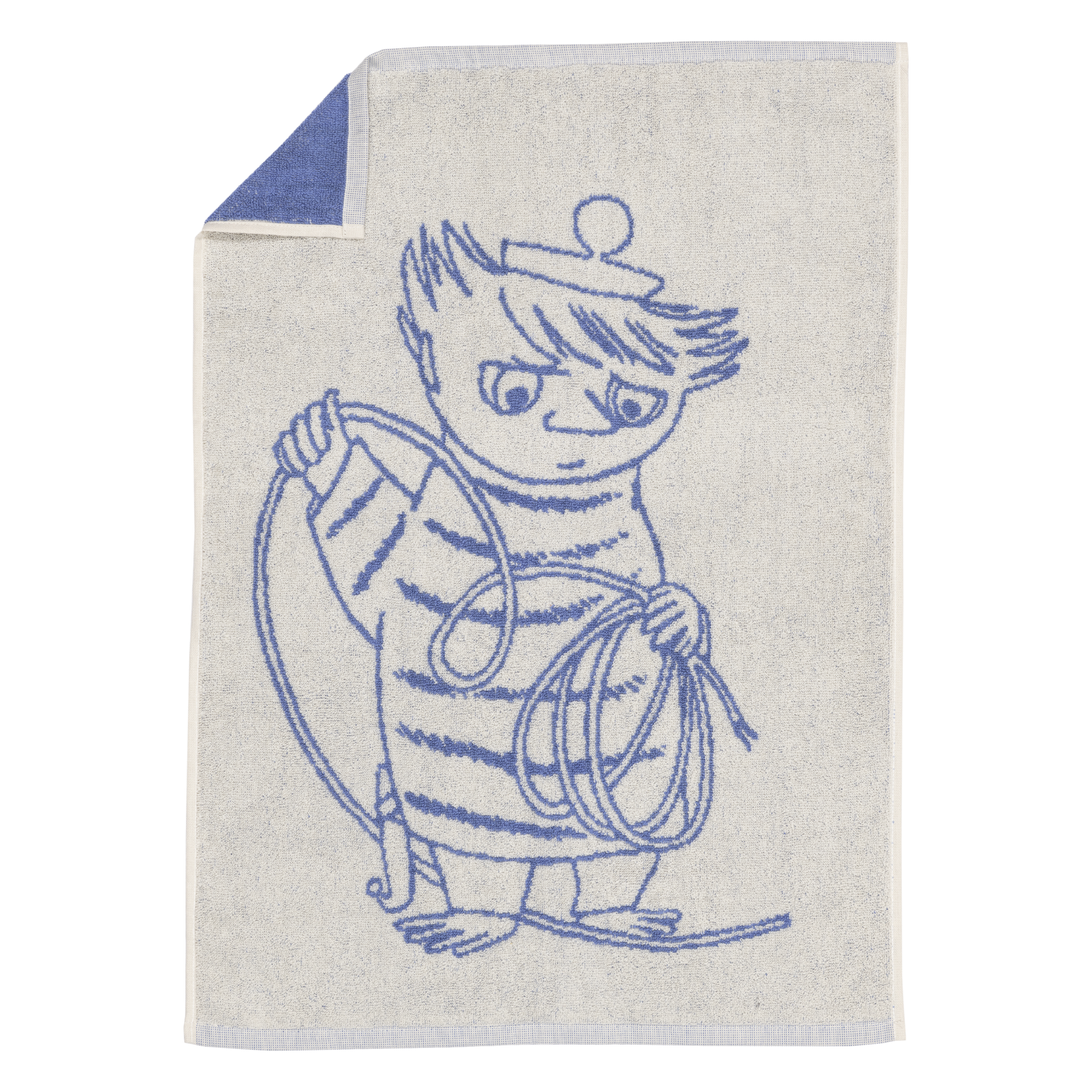 A Blue hand towel with an illustration of Too-ticky holding a rope on a white background