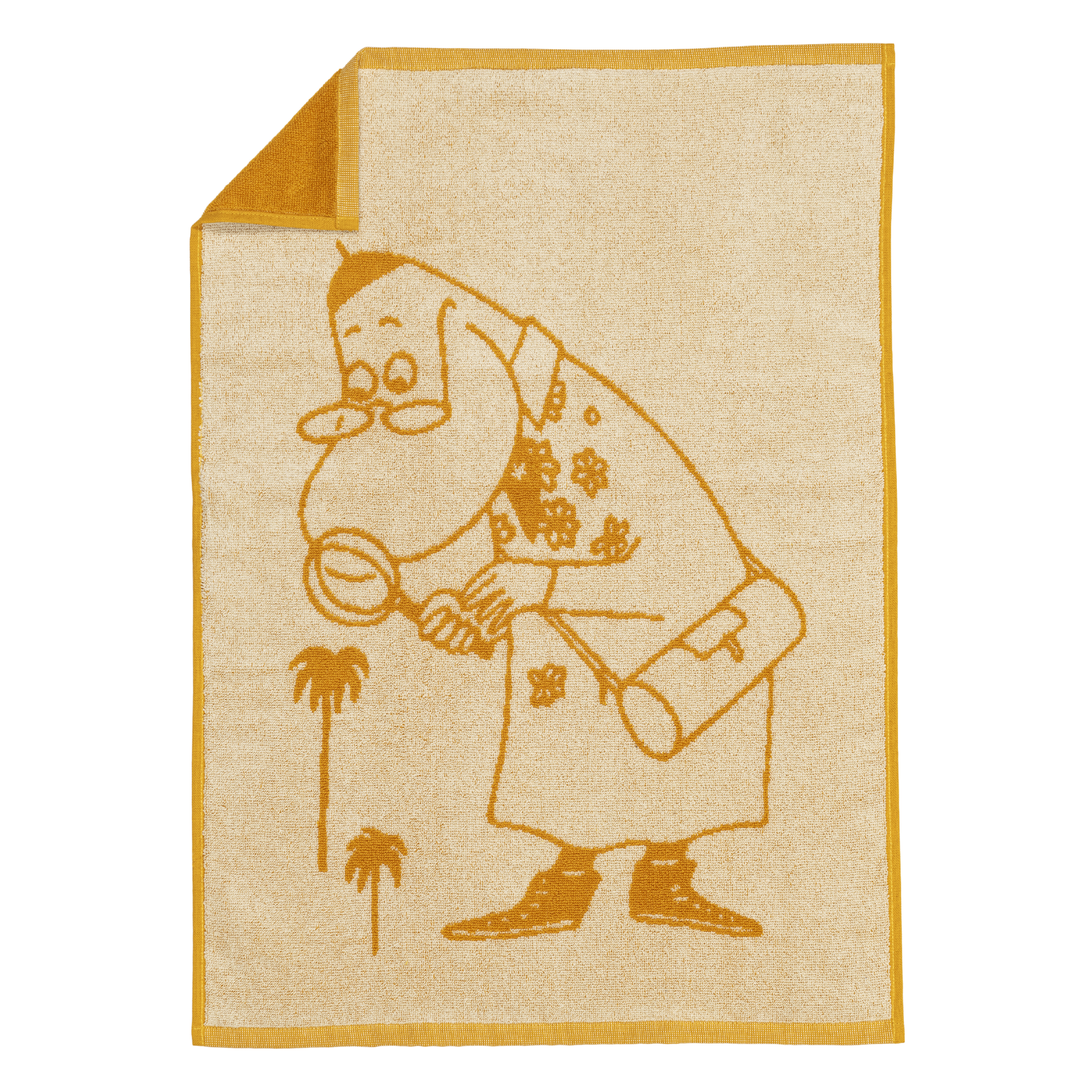 A yellow hand towel with an illustration of a Hemulen holding a magnifying glass, shown on a plain white background.