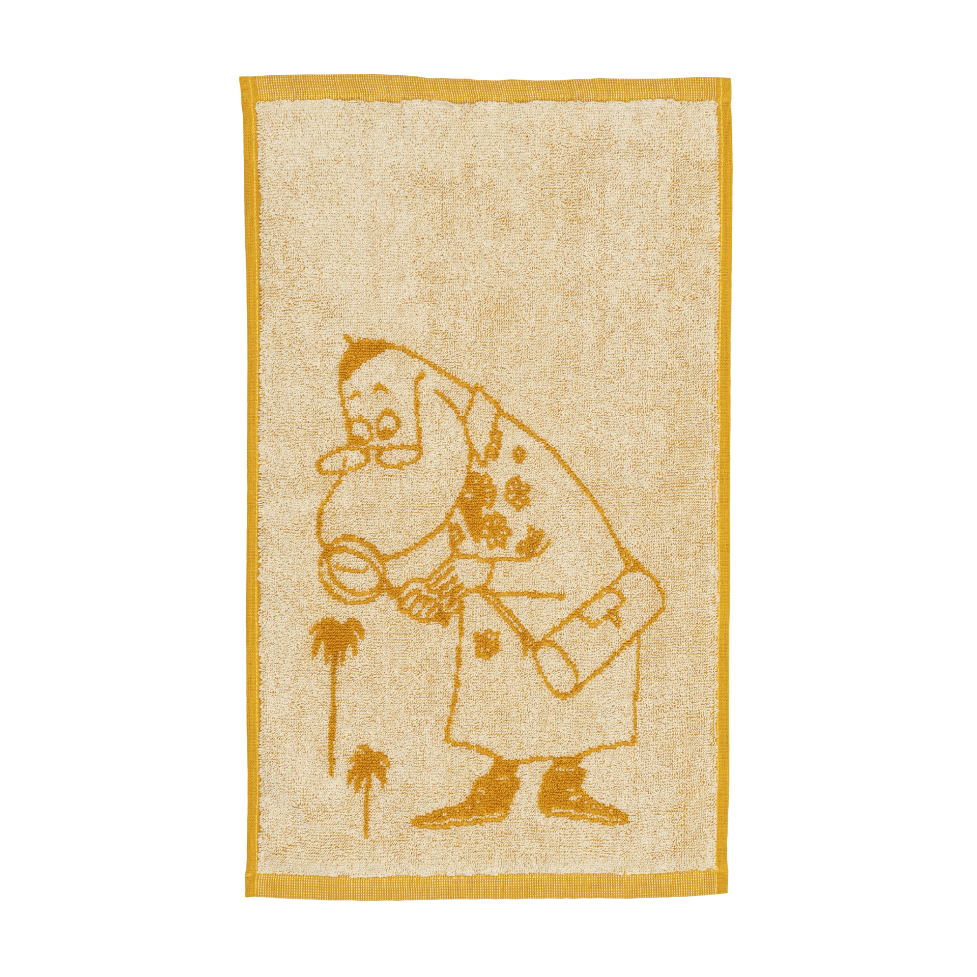 A yellow hand towel with an illustration a Hemulen inspecting plants with a magnifying glass.