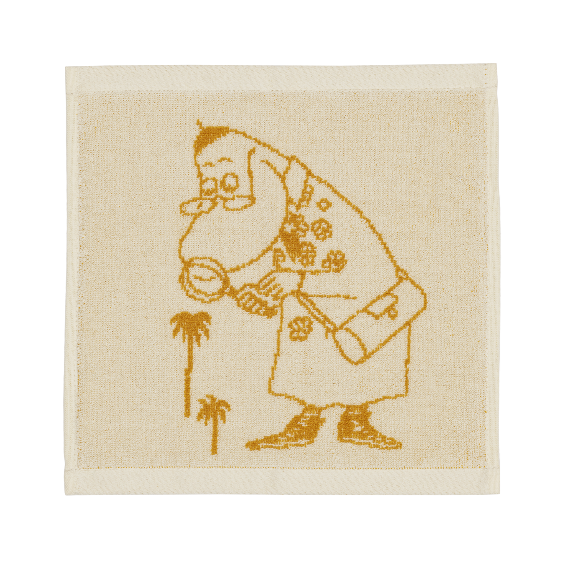 A yellow min towel with an illustration of a Hemulen inspecting plants with a magnifying glass.