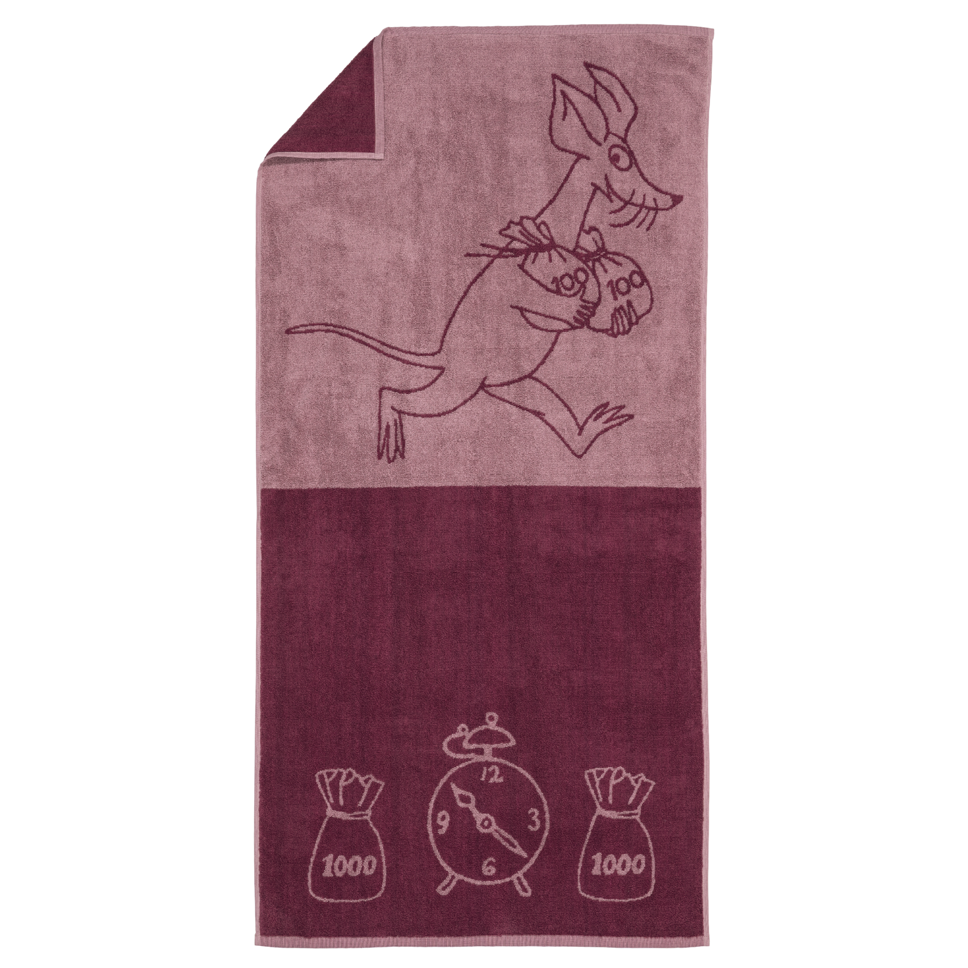 A mauve bath towel with an illustration of Sniff carrying a clock in the upper half and small clock, money bag, and sack illustrations in the lower half, shown on a white background.