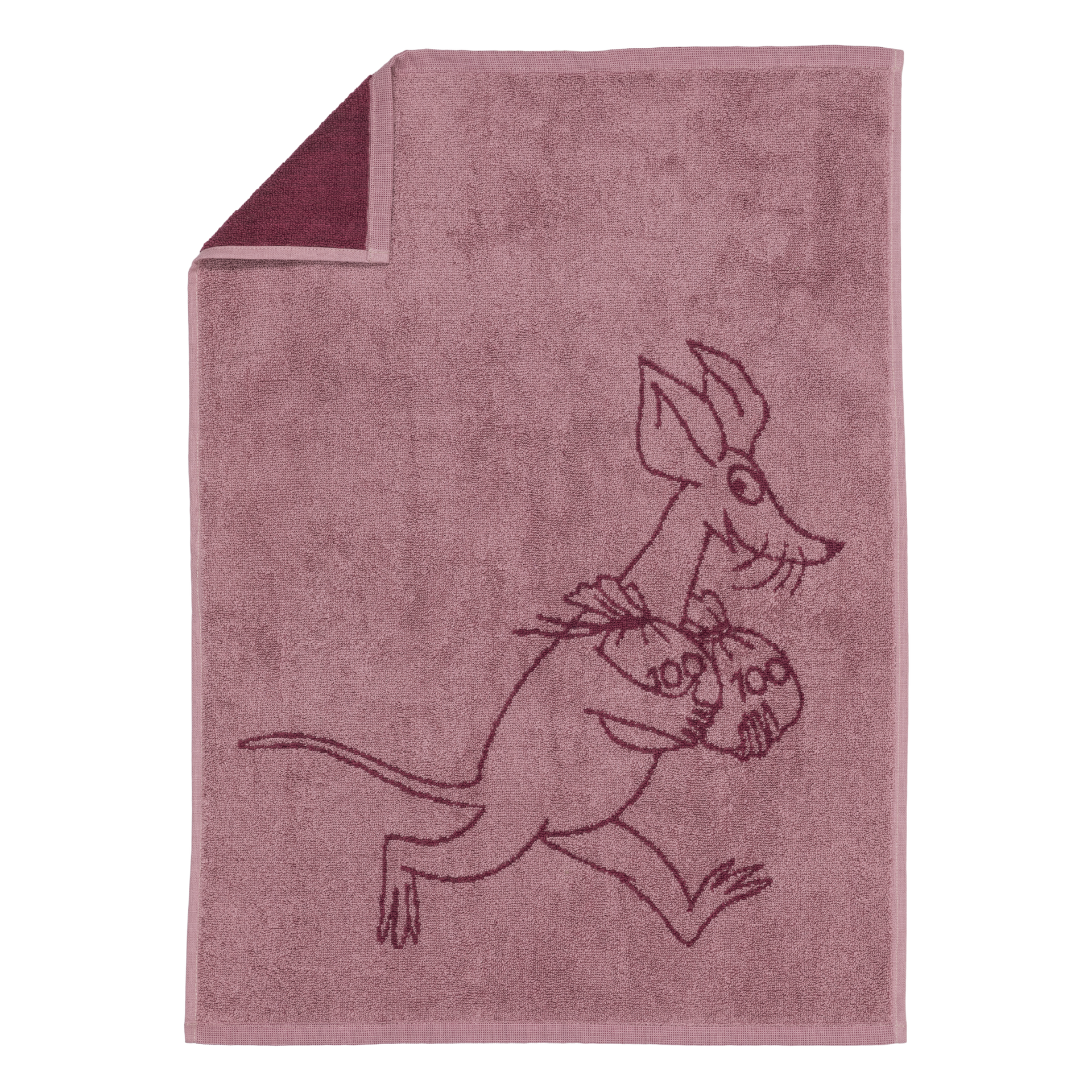 A mauve hand towel featuring an illustration of Sniff carrying money bags, shown on a plain white background.