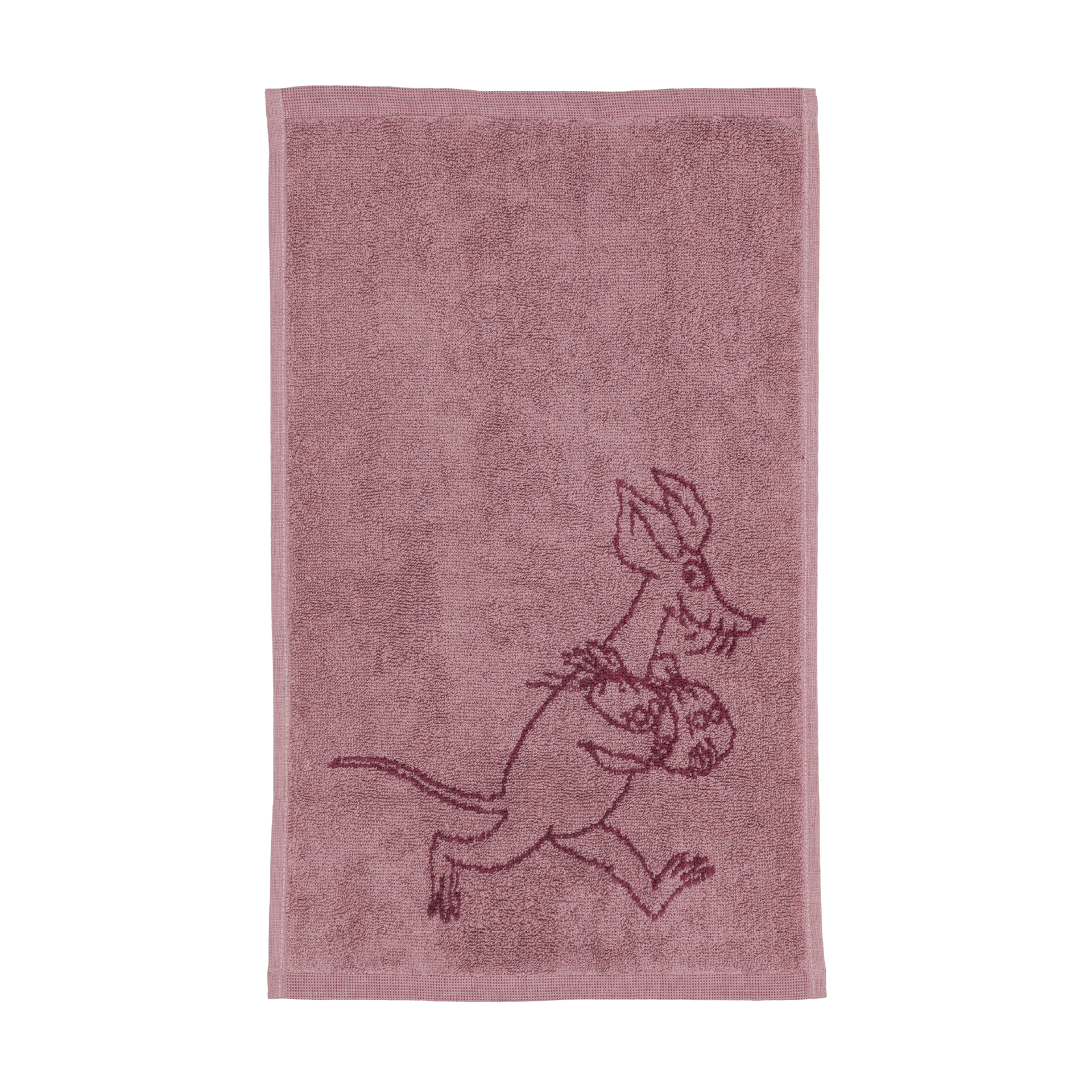 A mauve hand towel featuring an illustration of a Sniff carrying money bags, shown against a plain white background.