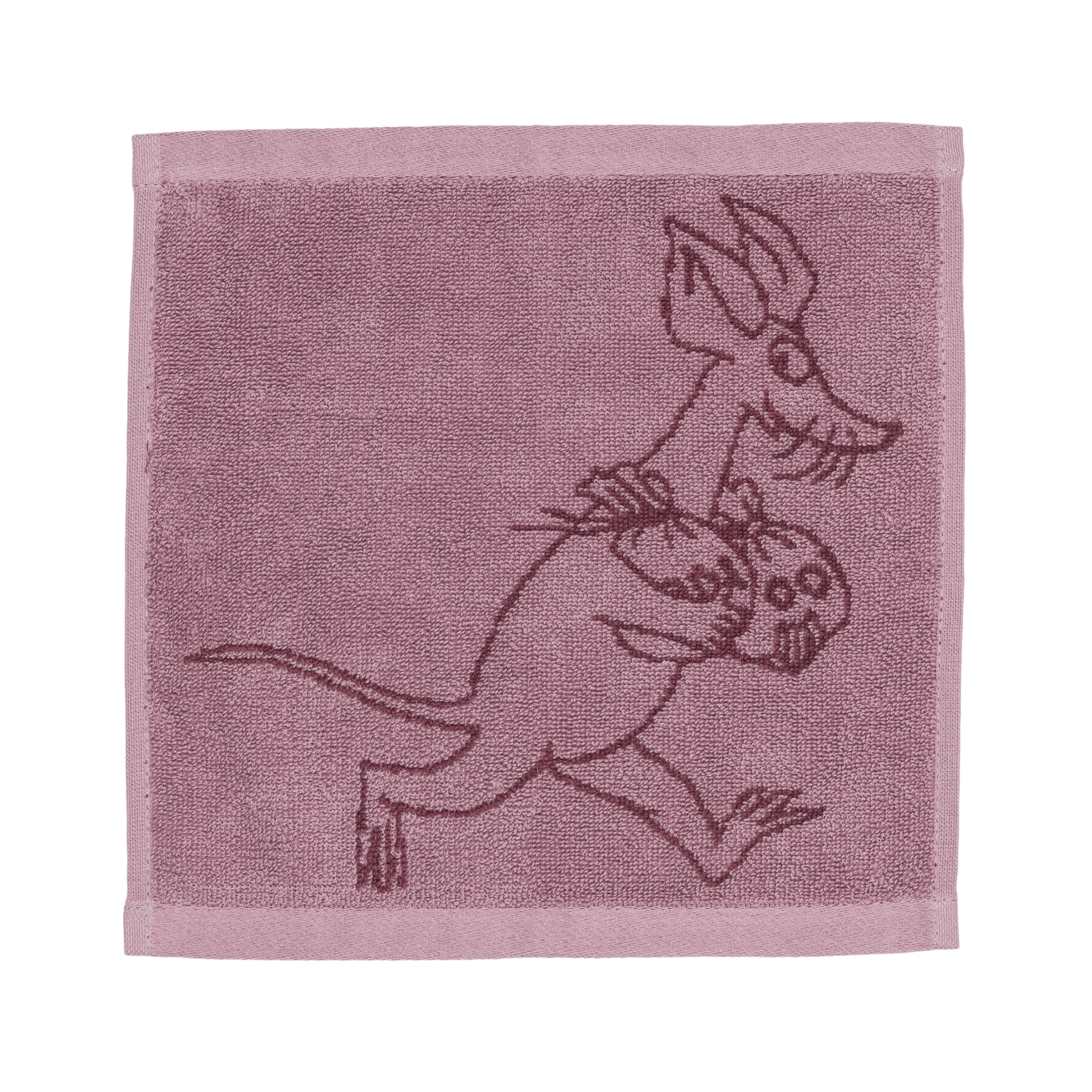A mauve mini towel featuring an illustration of Sniff carrying money bags, on a white background.