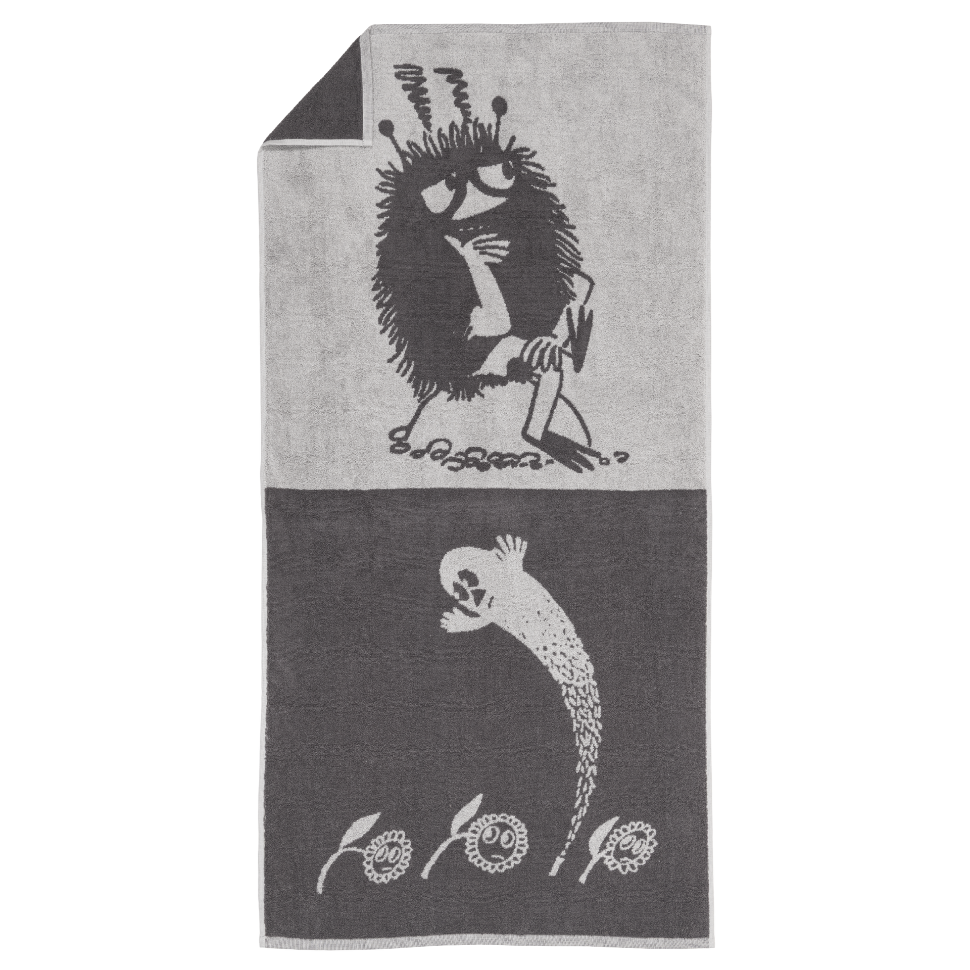 A grey bath towel with an illustration of Stinky.