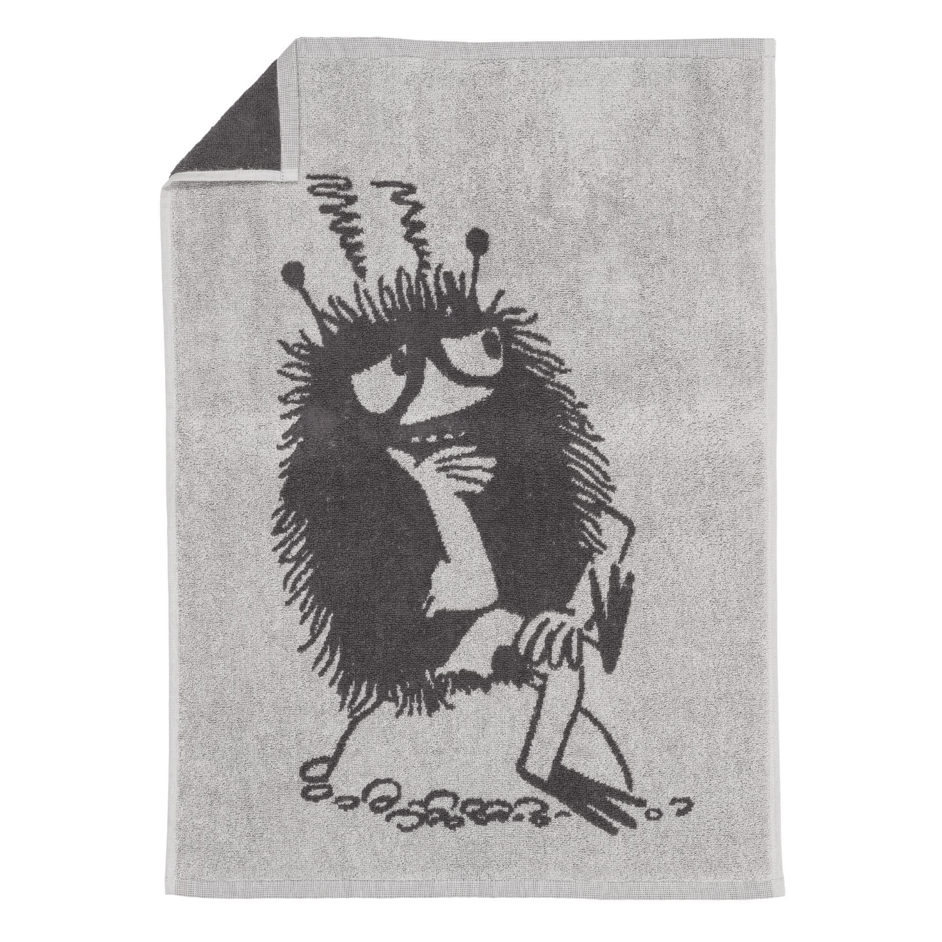Gray hand towel with an illustration of Stinky, on a white background