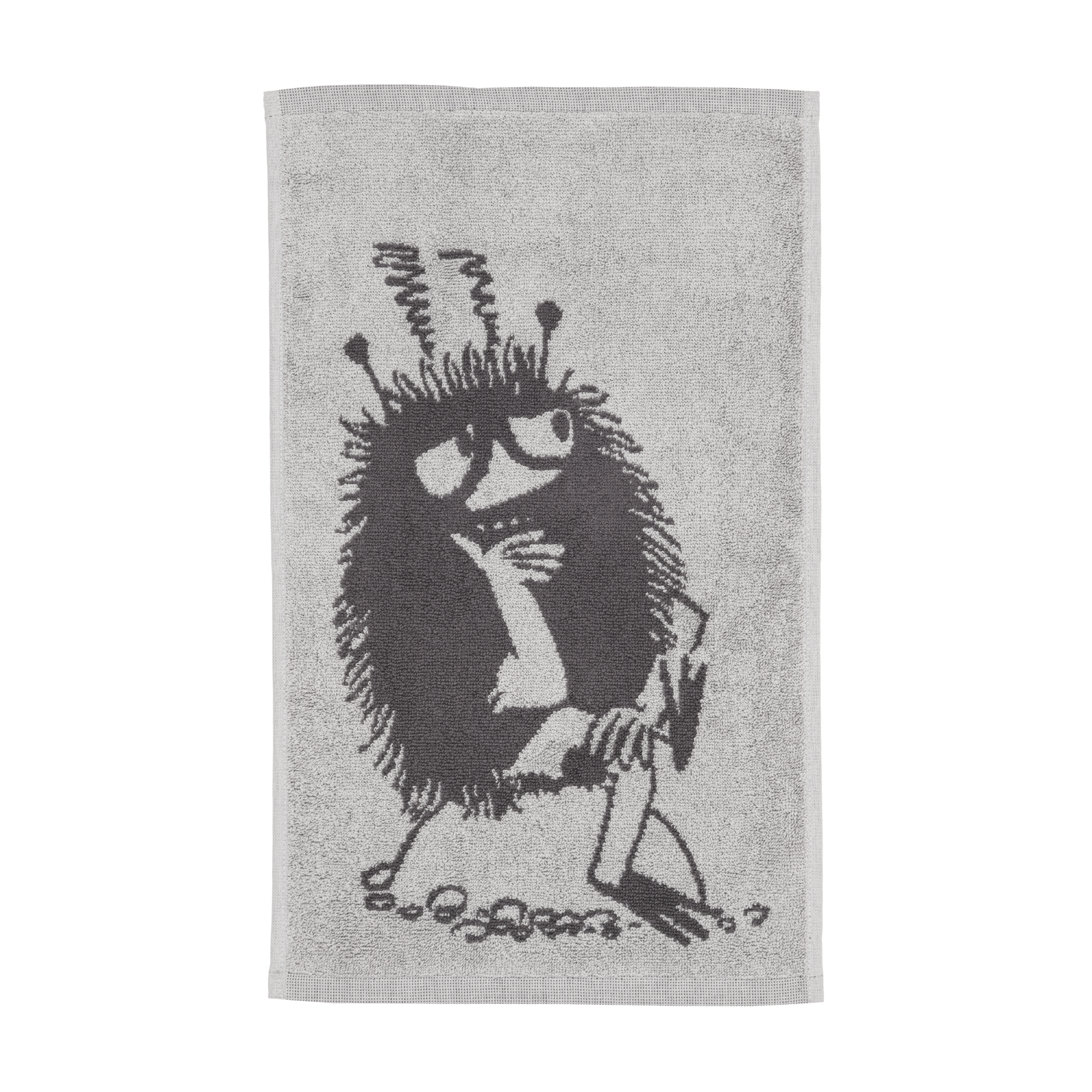A grey hand towel featuring an illustration of Stinky.