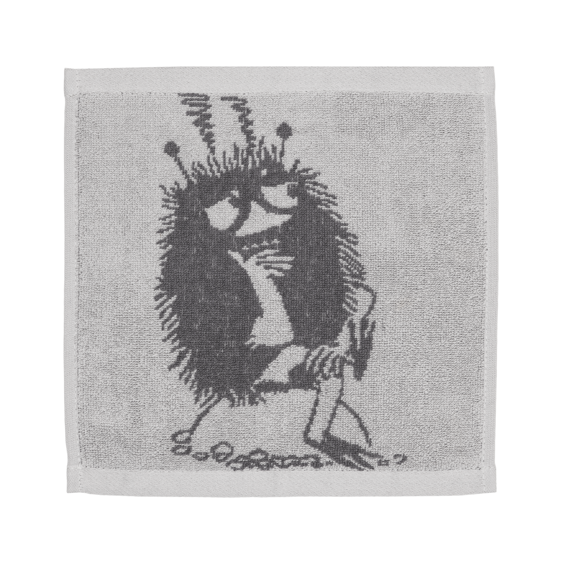A gray mini towel featuring an illustration of Stinky, on a white background.