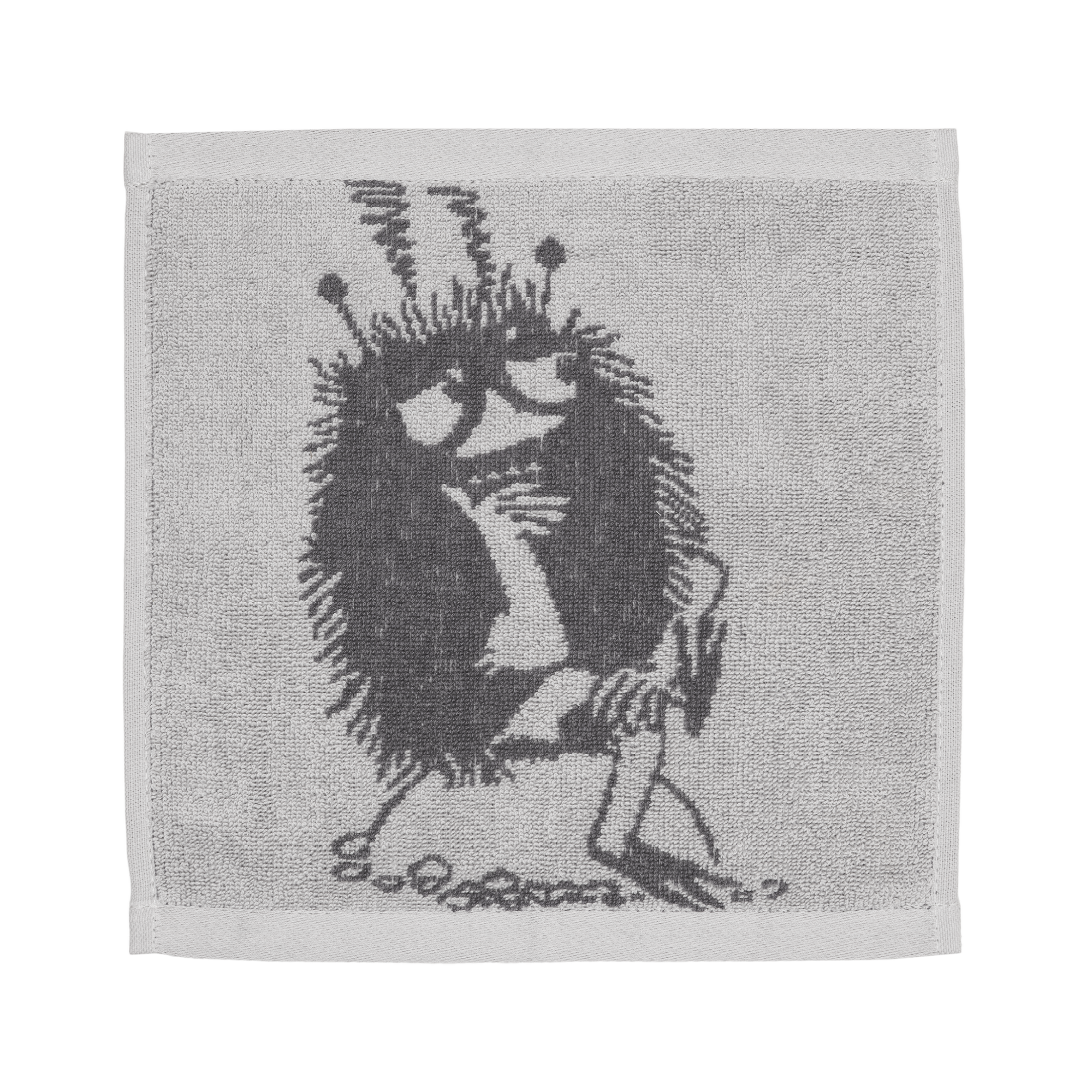 A gray mini towel featuring an illustration of Stinky, on a white background.