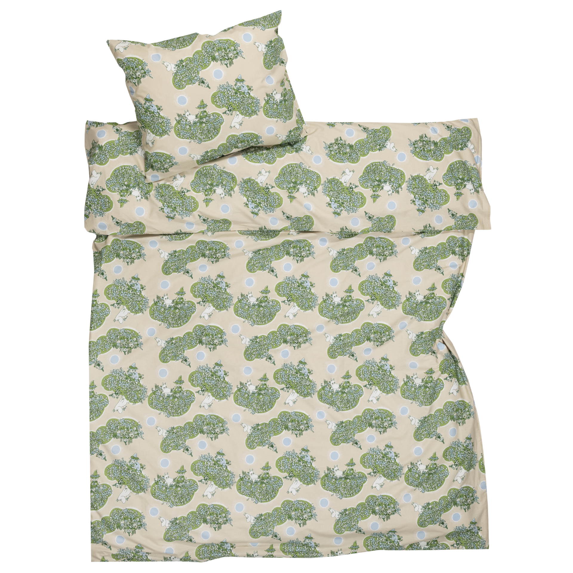 A bedding set including a duvet cover and a pillowcase, featuring a repeating illustration of Moomintroll, Little My and Snufkin having climbed on a green tree.