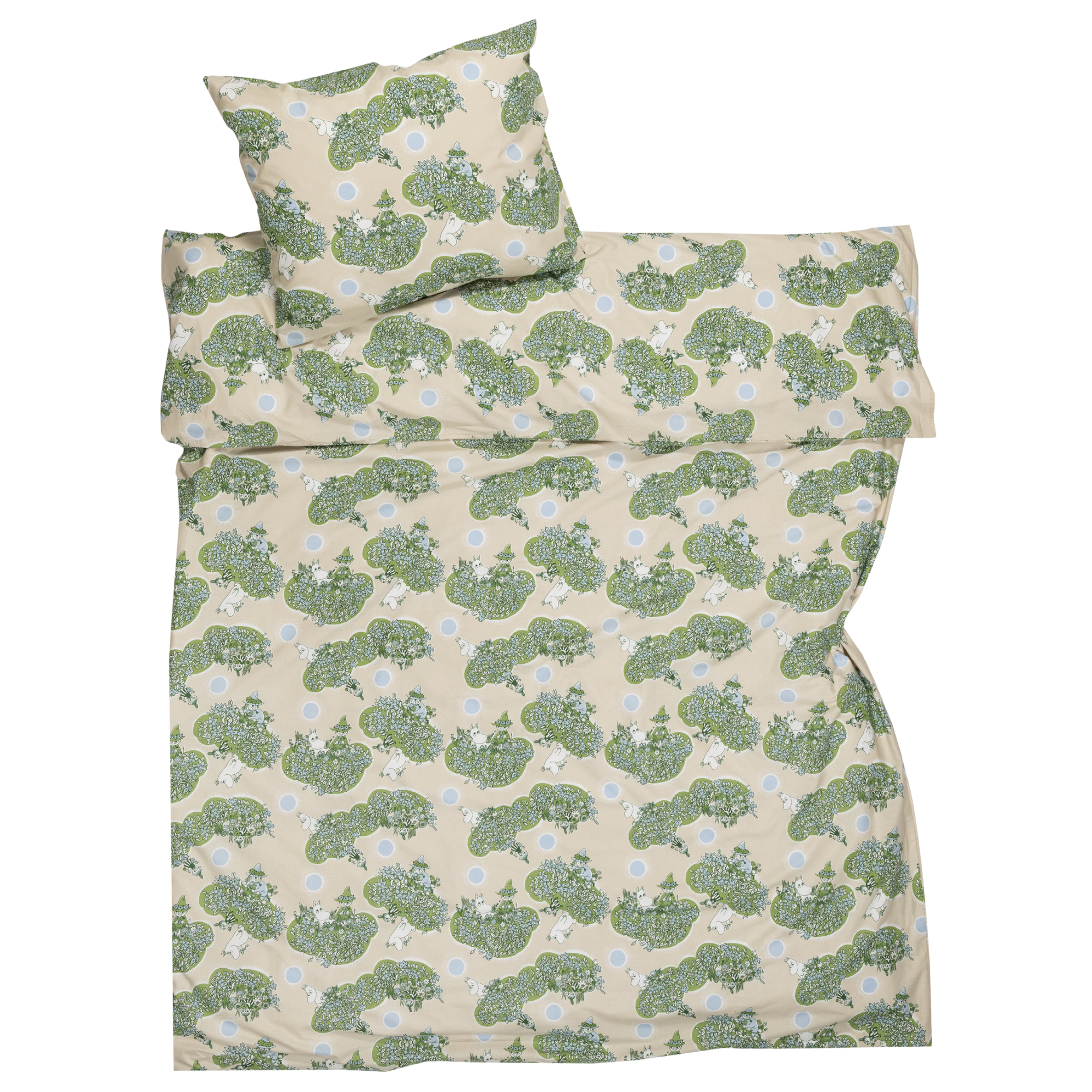 A bedding set including a duvet cover and a pillowcase, featuring a repeating illustration of Moomintroll, Little My and Snufkin having climbed on a green tree.