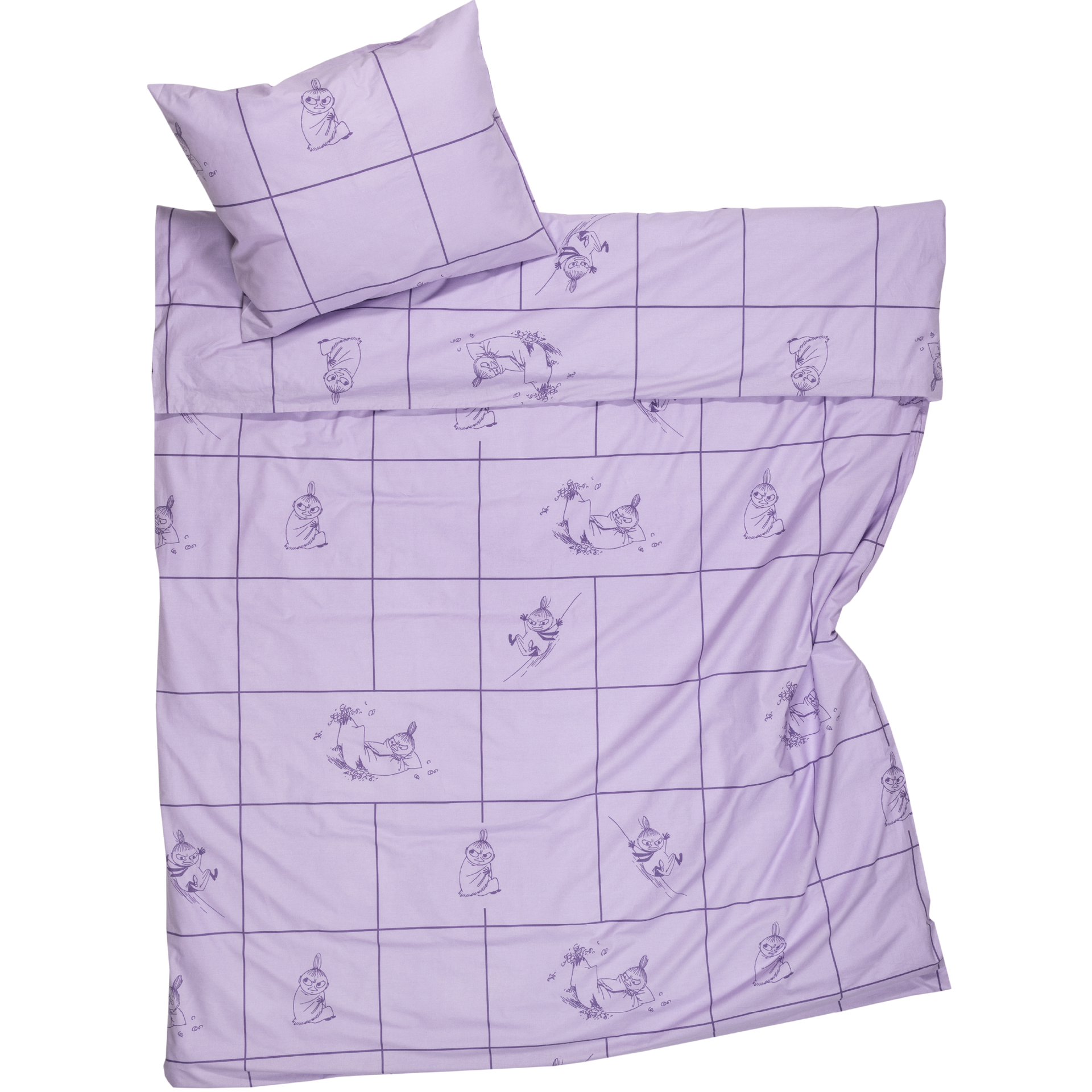A light purple bedding set including a duvet cover and a pillowcase, featuring a dark purple grid pattern and small Little My illustrations, displayed on a solid white background.