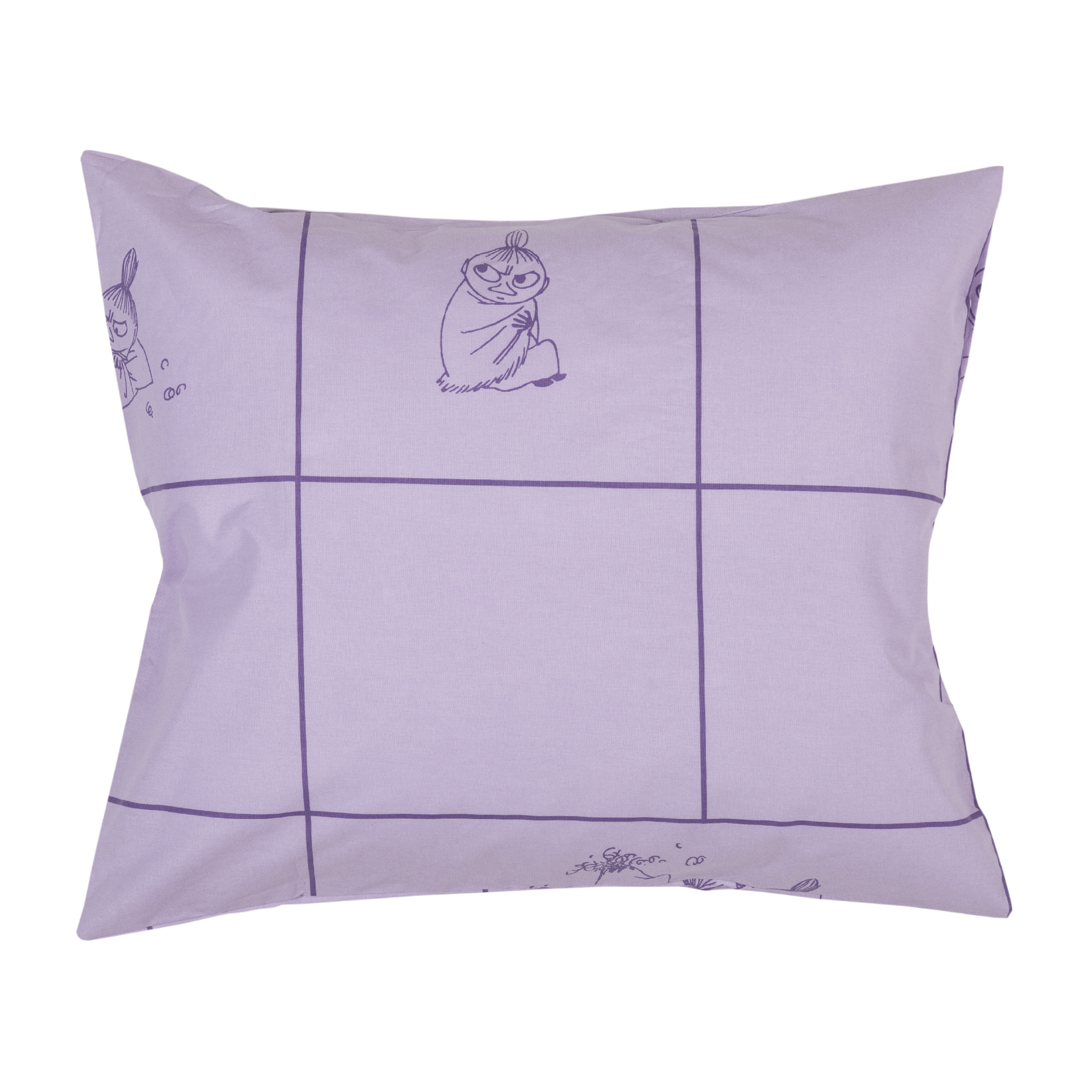 A light purple pillowcase, featuring a dark purple grid pattern and small Little My illustrations, displayed on a solid white background.