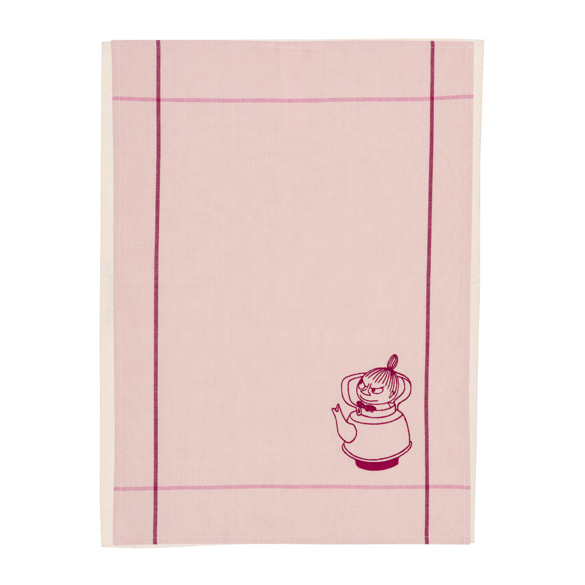 A light pink kitchen towel featuring a dark pink illustration of Little My in a teapot near the bottom right corner.