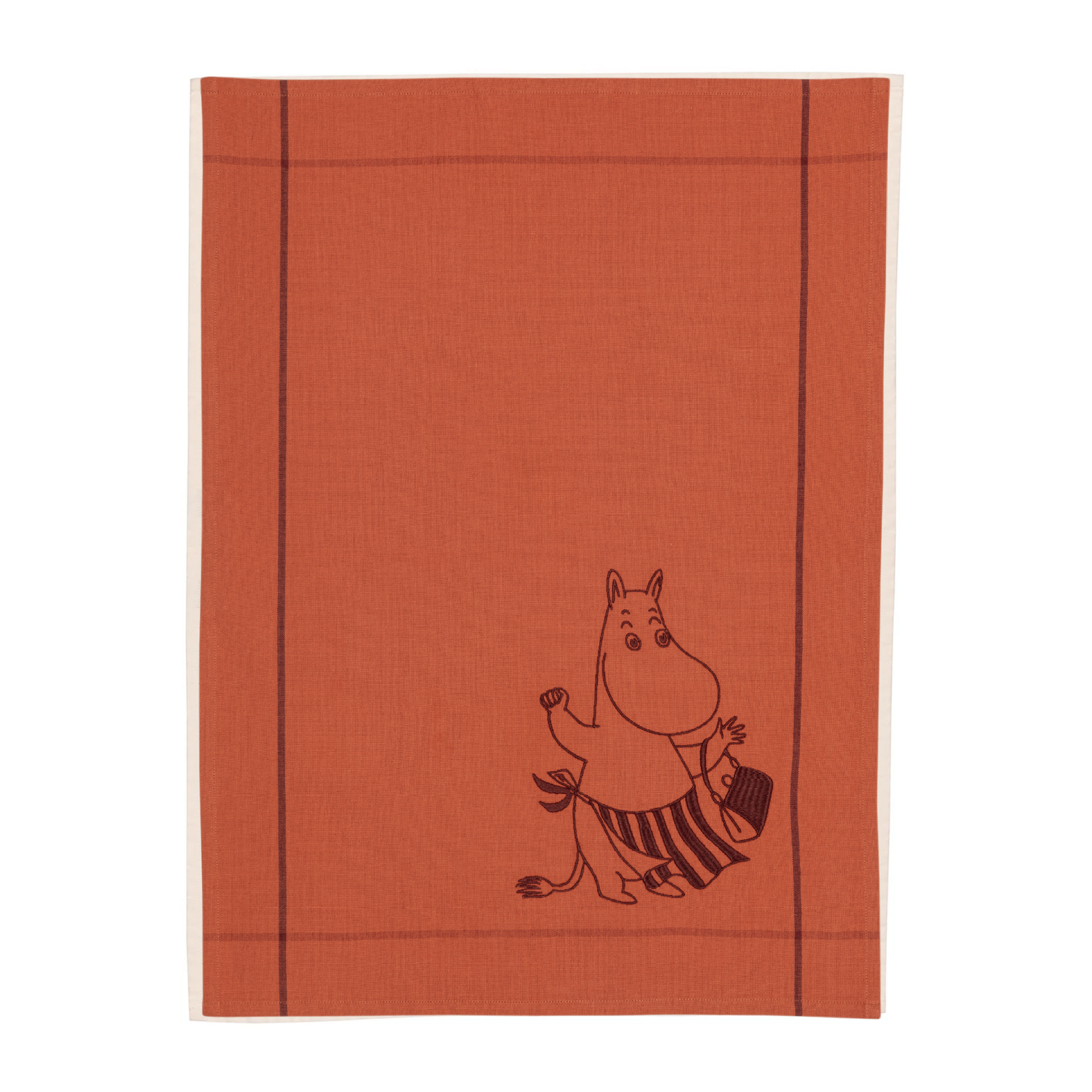 A red-colored kitchen towel featuring a embroided illustration of Moominmamma, on a white background.