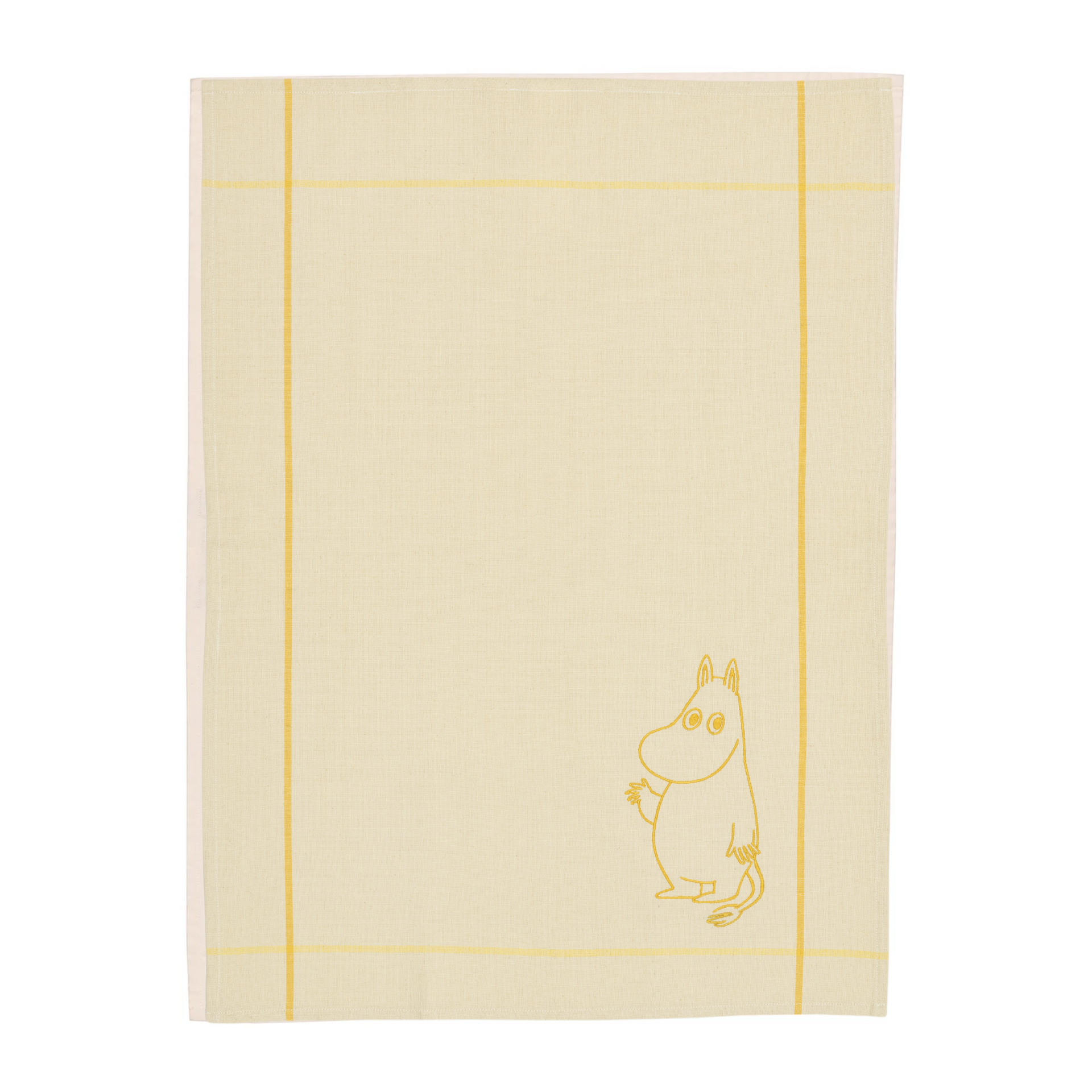 A yellow-colored kitchen towel featuring a yellow grid pattern and a small yellow line-art illustration of Moomintroll in bottom right corner, shown against a plain white background.