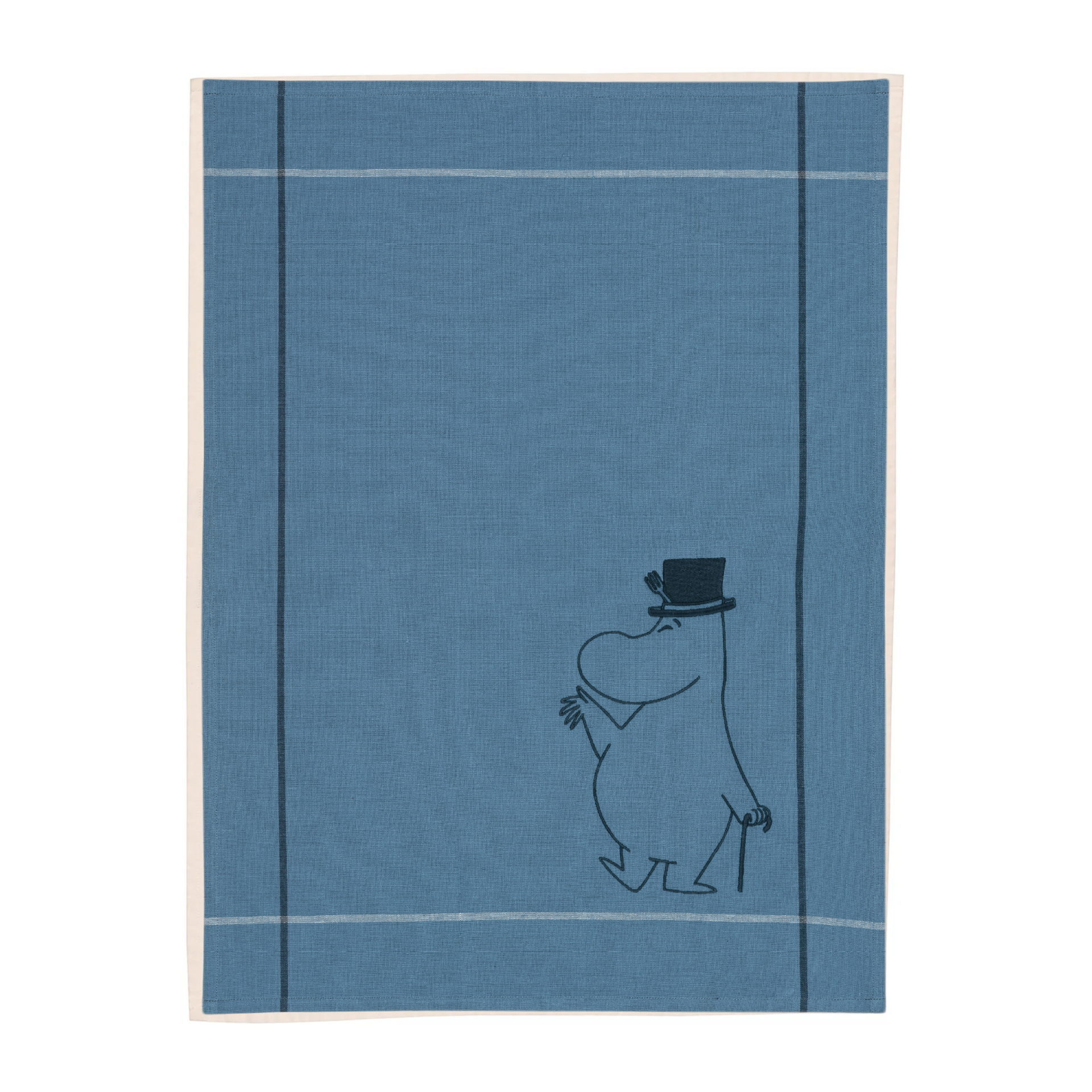 A blue tea towel, featuring an emborided illustration of Moominpappa.