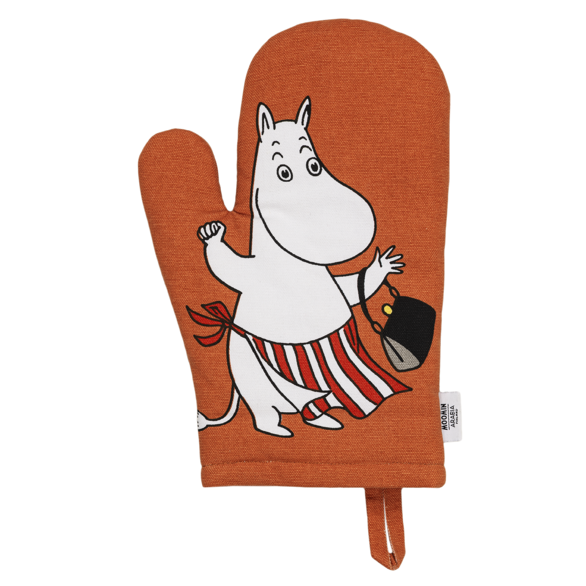 A red oven mitt featuring an illustration of Moominmamma wearing a red and white striped apron and holding a black purse, shown on a plain white background.