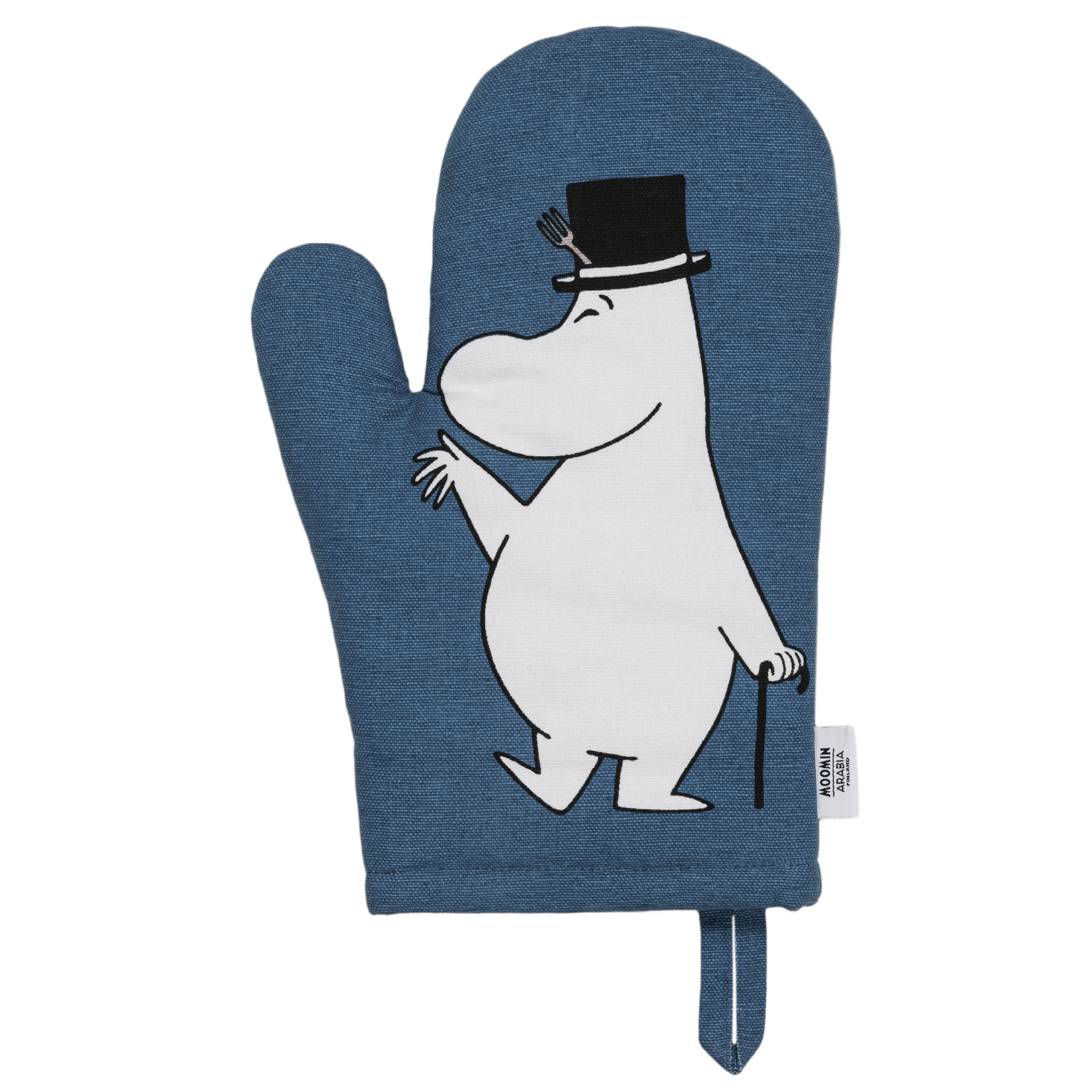 A blue oven mitt featuring an illustration of Moominpappa, shown on a plain white background.