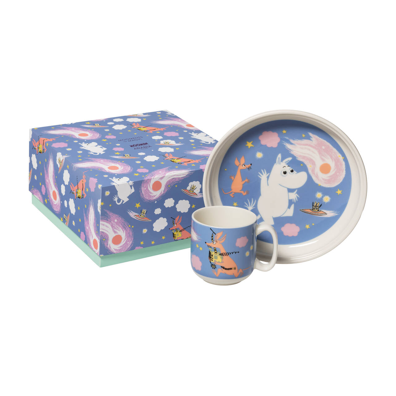 Mumin Barnset Rymdäventyr - Space Adventure ceramic mug and matching plate set with a decorative gift box. 