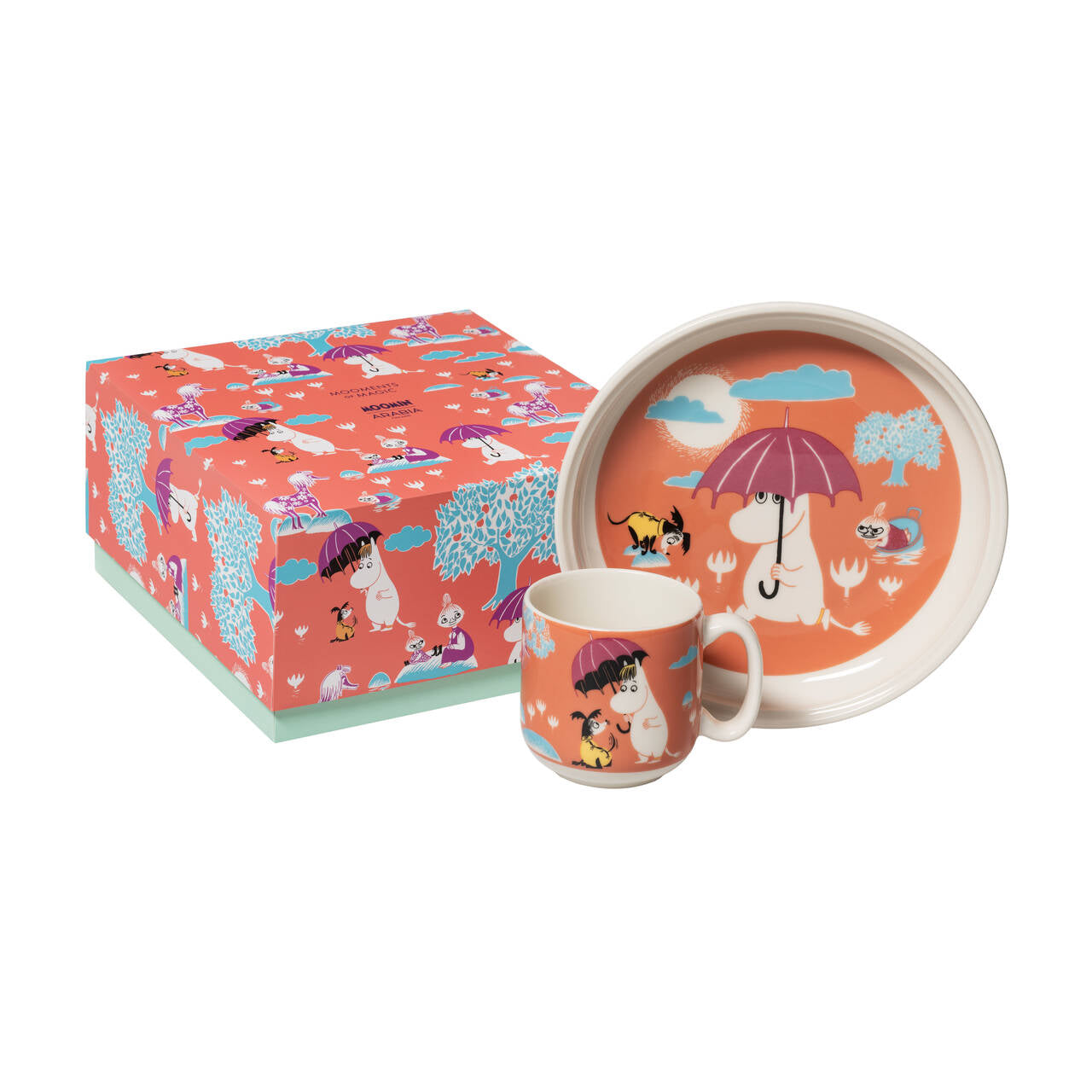 Mumin Barnset Under paraplyet - A matching ceramic Under the Umbrella dinnerware set and gift box.