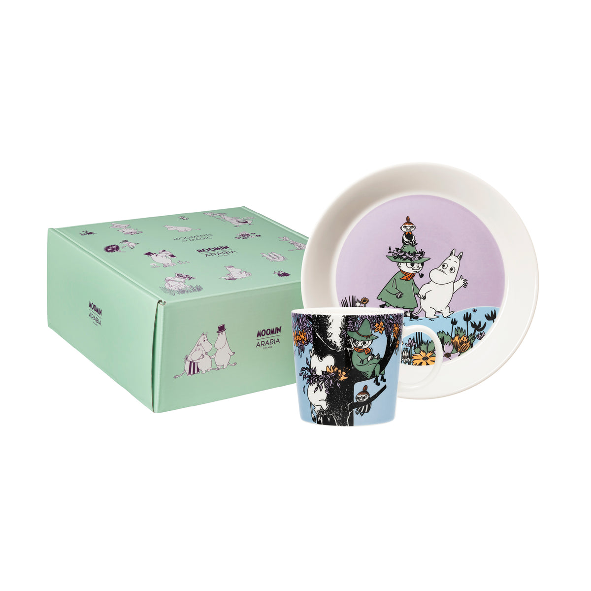 Moomin set mug & plate Friends Forever - A Moomin-themed ceramic gift set featuring a mint green box, a Friends Forever mug and plate.