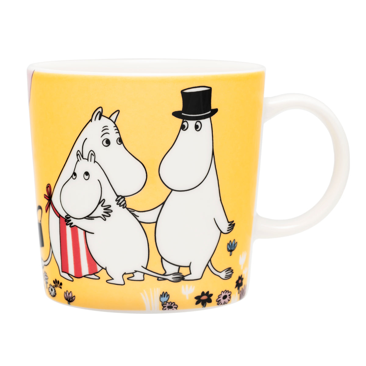 Moomin set mug & plate Family Time - A yellow ceramic coffee mug featuring the Family Time illustration, shown on a plain white background.