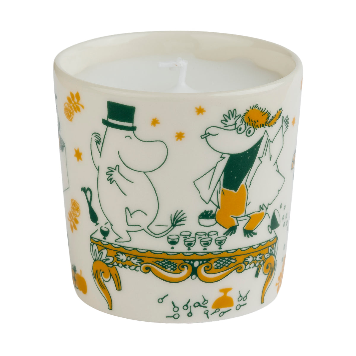 A white ceramic candle tumbler featuring a colorful Moomin-themed illustration with green and orange line art and motifs, set against a plain white background.