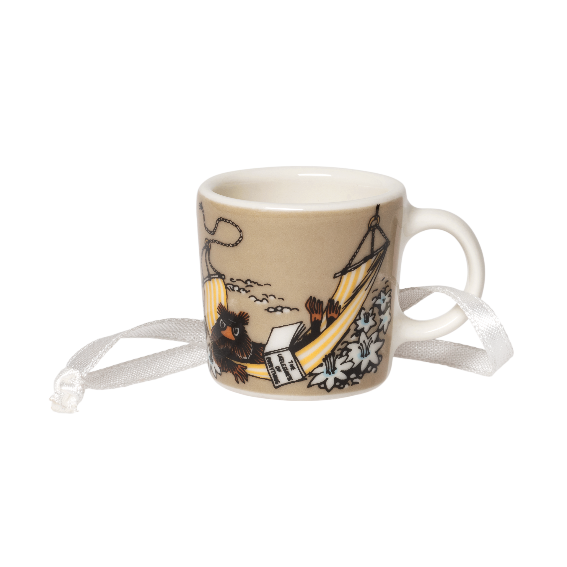A small ceramic mini mug ornament with a white ribbon hanger, featuring a llustration of Muskrat relaxing in a hammock on a beige background.