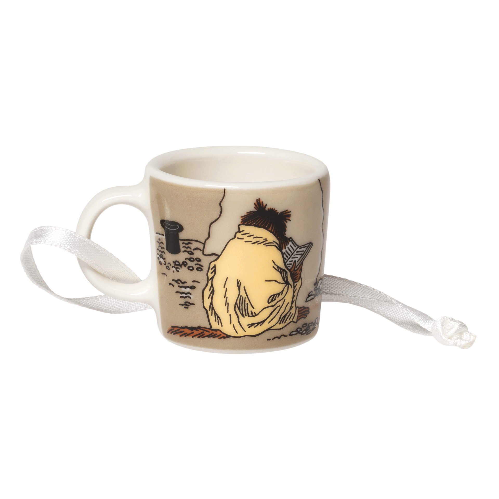 Moomin mini mug Muskrat - A small ceramic mini mug  featuring a  illustration of Muskrat on a beige background, with a white ribbon loop attached to the handle.
