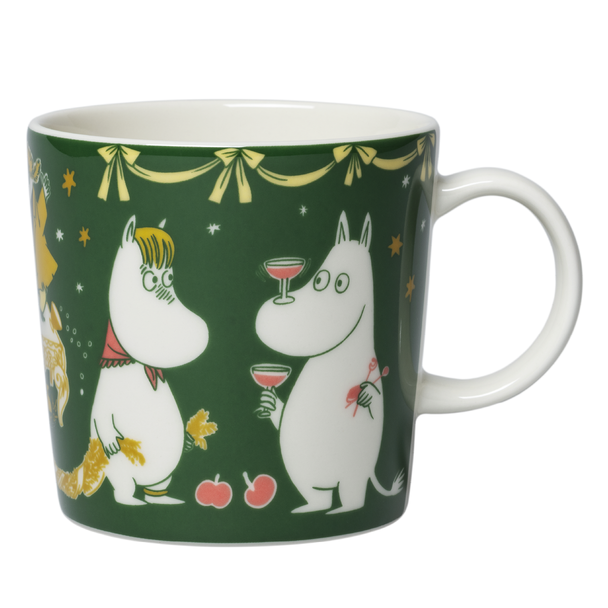 A white ceramic mug with a dark green printed design featuring the Moomintroll, Snorkmaiden, stars, and ribbons, shown on a plain white background.