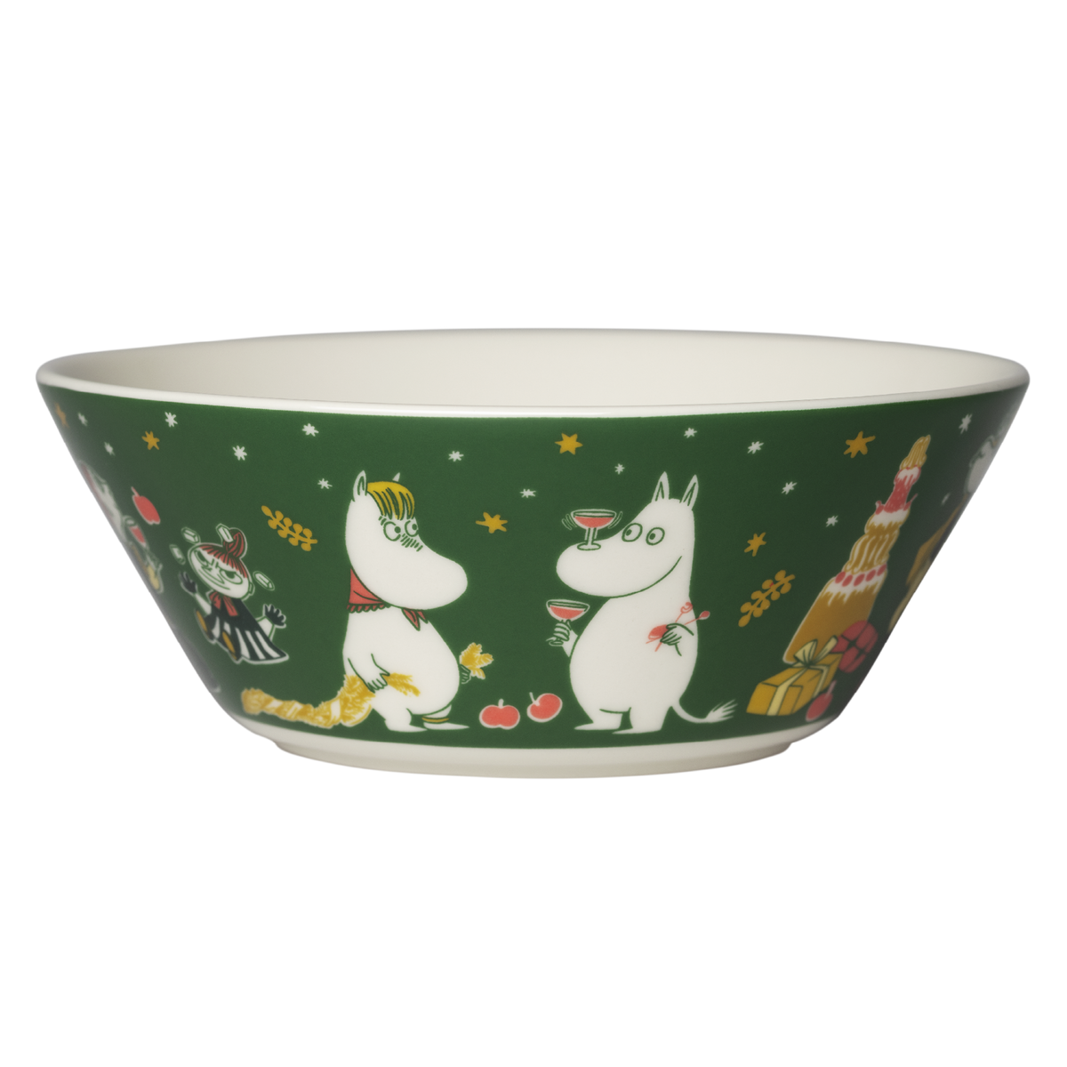 A wide ceramic bowl featuring a dark green exterior decorated with Moomintroll, Snorkmaiden, stars, and festive illustrations.