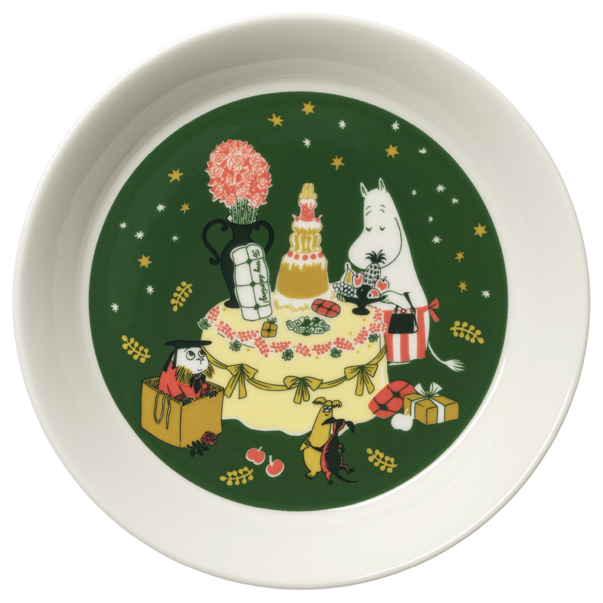 A round white ceramic plate featuring a the Gif of Love illustration on a green background with stars.