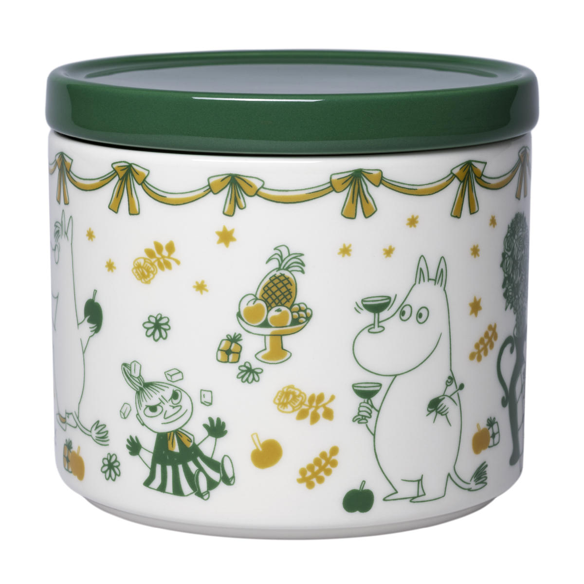 A white ceramic jar with a dark green lid, decorated with green and yellow illustrations of Moomintroll,Little My, fruit, stars, and ribbon garlands.