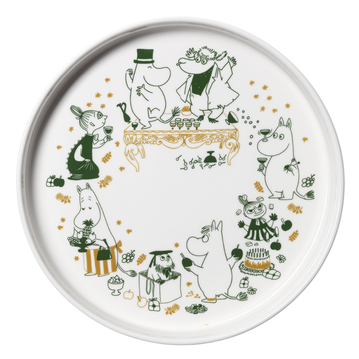 A round white ceramic pie dish featuring the Gift of Love illustration.