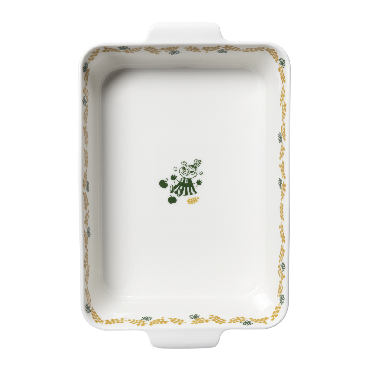 A white rectangular ceramic oven dish with side handles, featuring a green and yellow floral border and a Little My illustration in the center, shown on a plain white background.