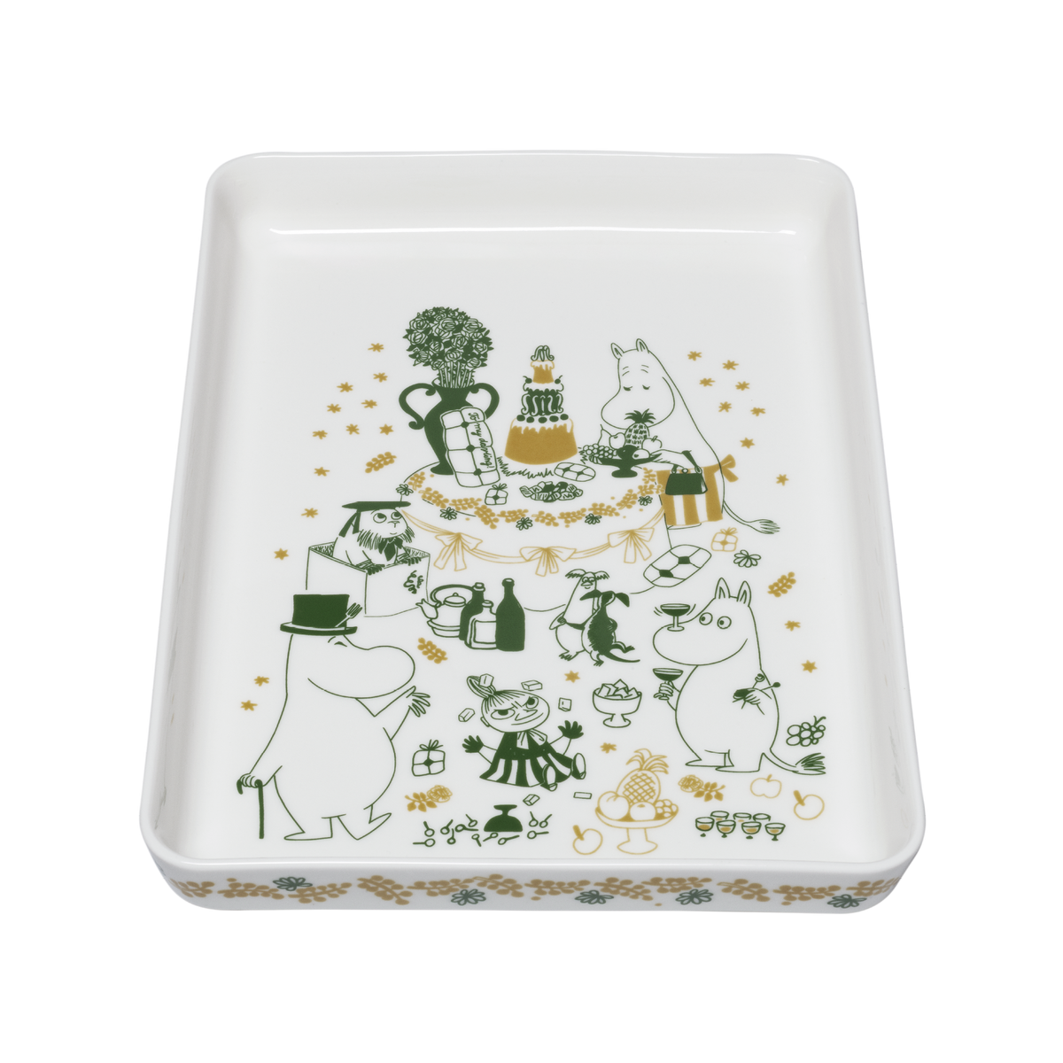 A white rectangular ceramic serving platter featuring a green and gold  illustrated scene of Moomin characters celebrating, shown on a plain white background.
