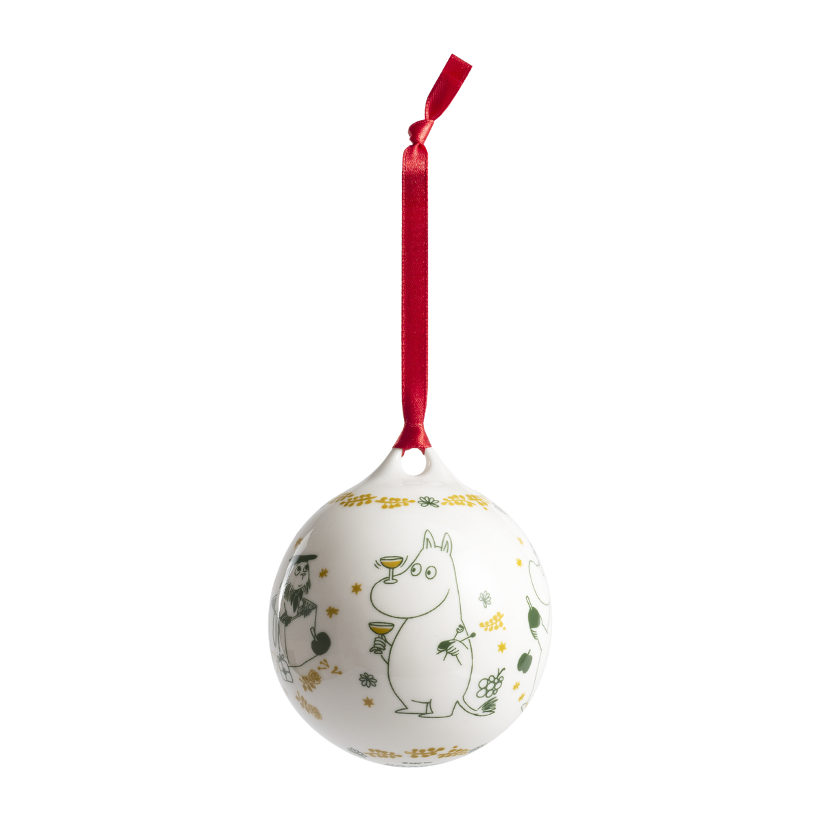 A white ceramic Christmas ornament featuring Moomin charatcers in green and yellow illustrations, complete with a red hanging ribbon.