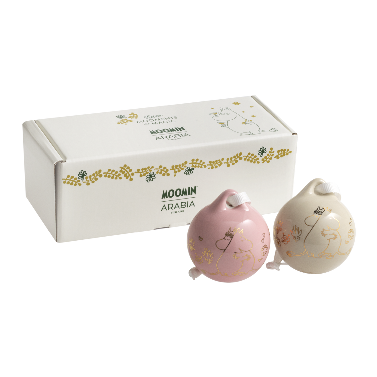 Two Love-themed ceramic baubles , shown in front of their branded white packaging box. One ornament is light pink with gold line art, and the other is cream with gold line art.