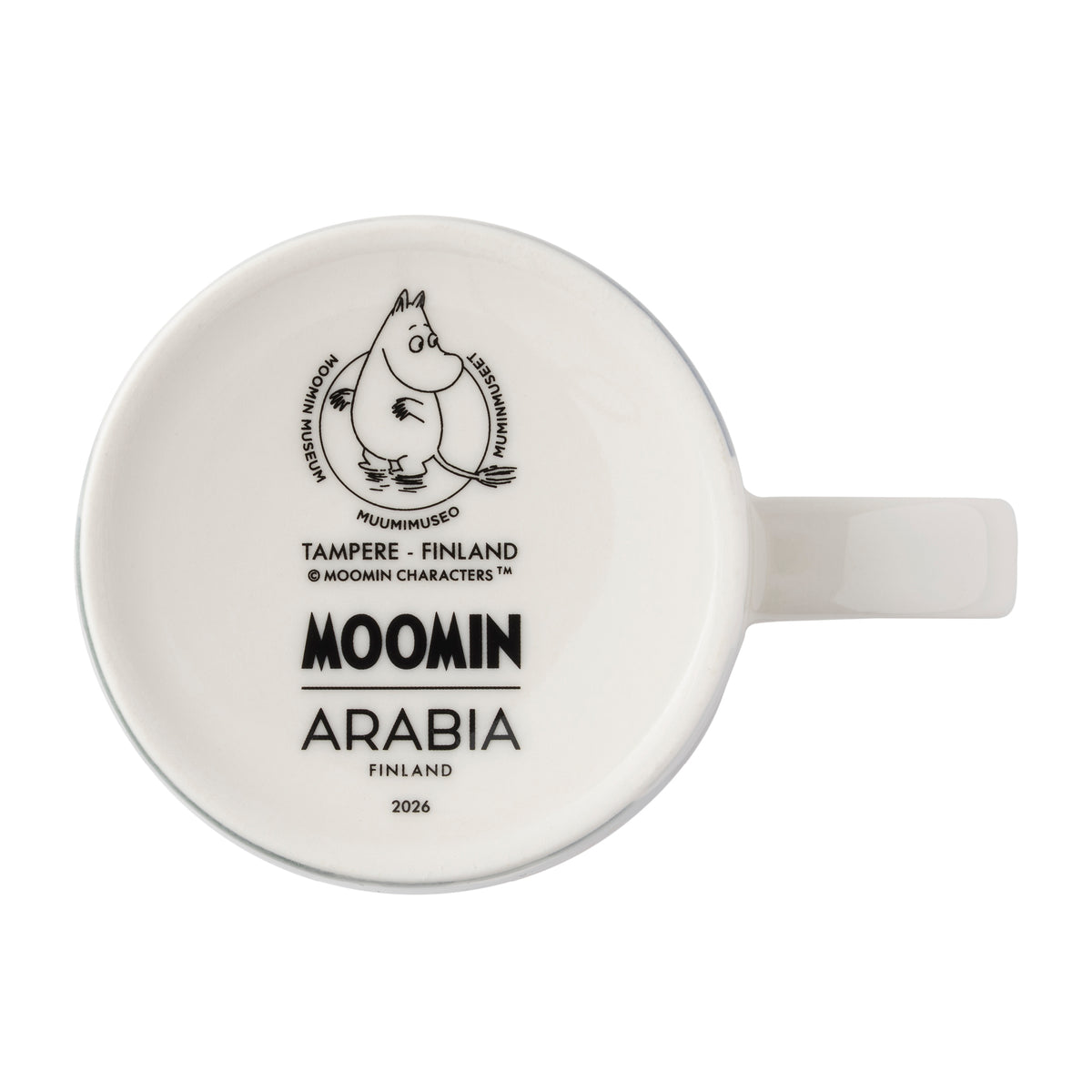 Moomin mug 0,3L Winternight glow - A white ceramic coffee mug pictured from the bottom with 'MOOMIN ARABIA FINLAND 2026' printed on the side, shown against a plain white background.